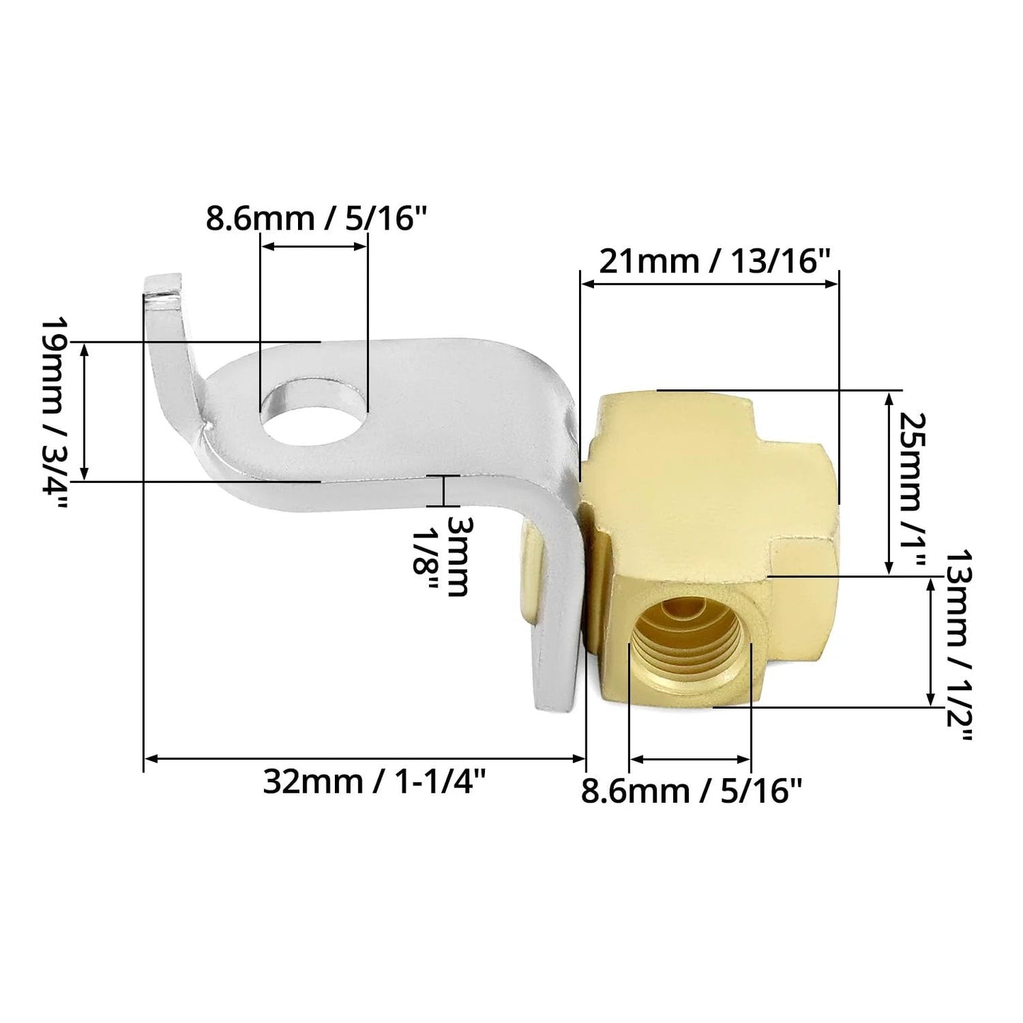 Side view of Beefy Durable Brass 3-Way Brake Line Tee Connector with mounting bracket and dimensions shown.