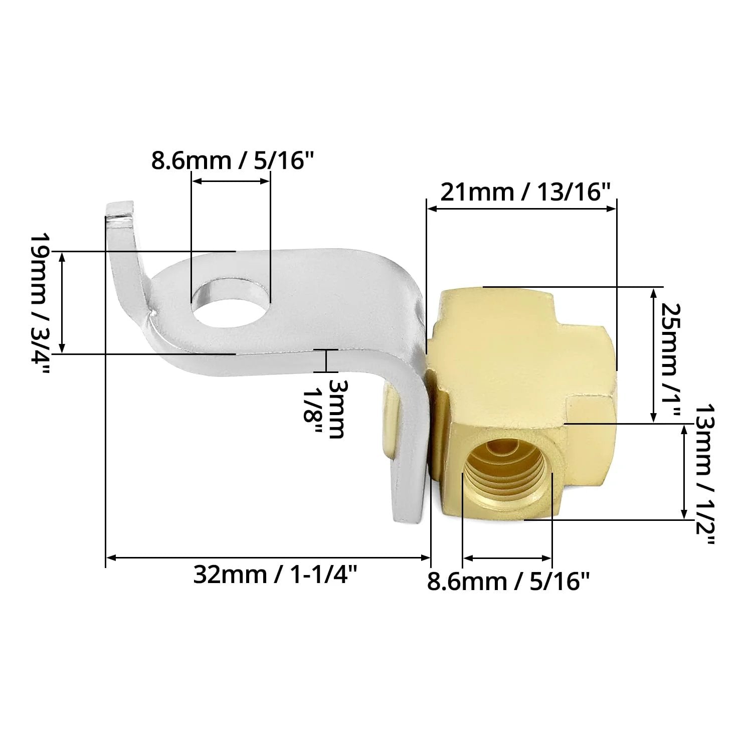 Side view of Beefy Durable Brass 3-Way Brake Line Tee Connector with mounting bracket and dimensions shown.