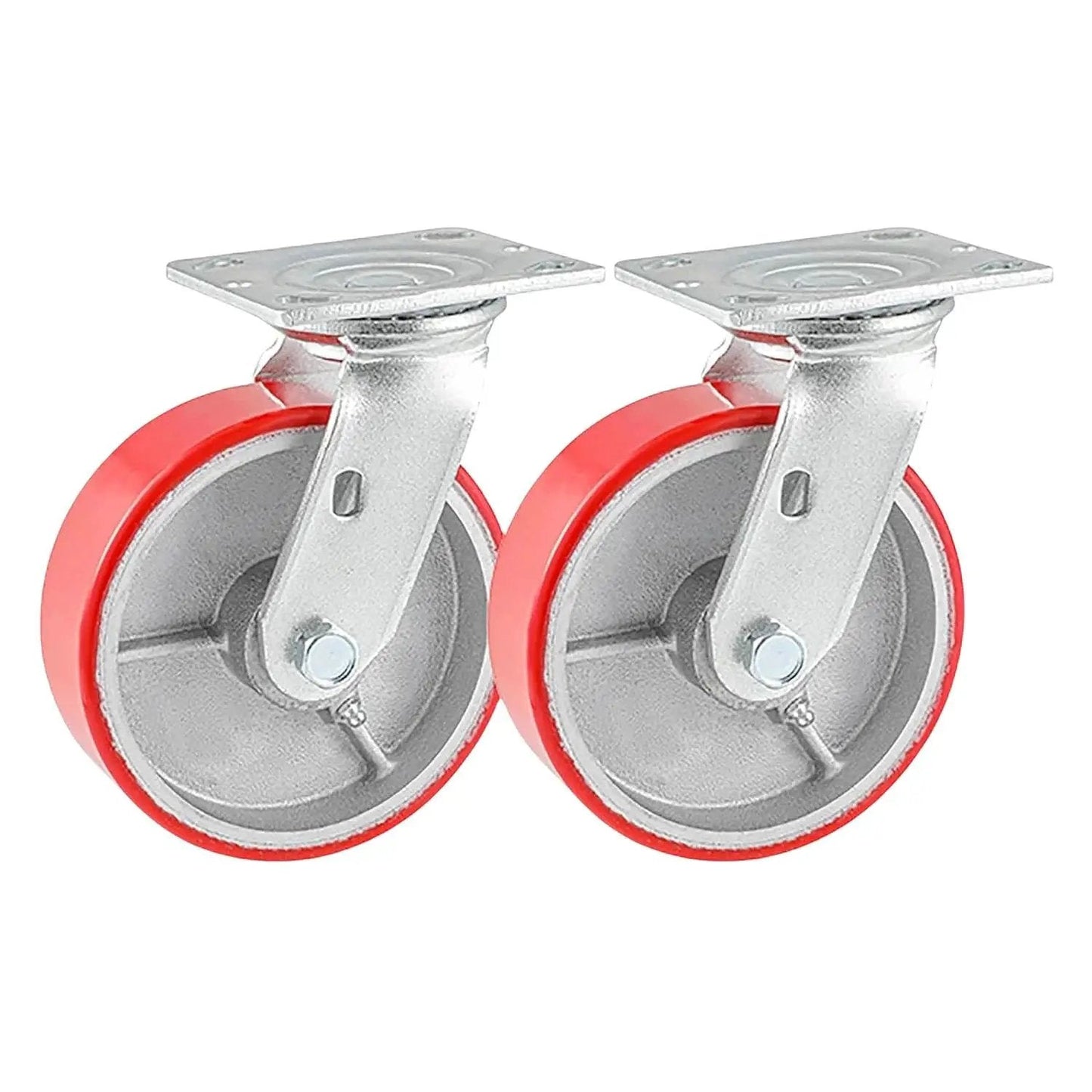 Industrial Casters Set Of 4 With Brakes, 6 Inch Swivel And 2 Rigid Wheels, Heavy Duty 5000 Lbs Capacity, Red Polyurethane On Aluminum