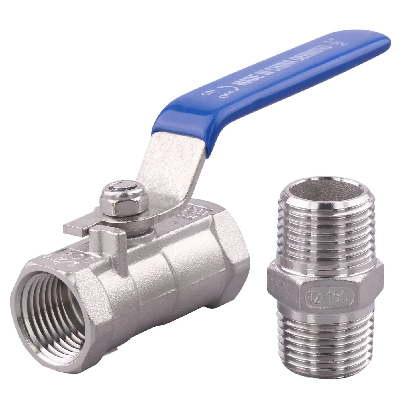 Stainless Steel 304 One Piece Ball Valve With Standard NPT Port And Male Hex Nipple For Water Oil And Gas Heavy Duty Serviceable Threaded Connector Female To Female NPT Blue Vinyl Insulated Handle