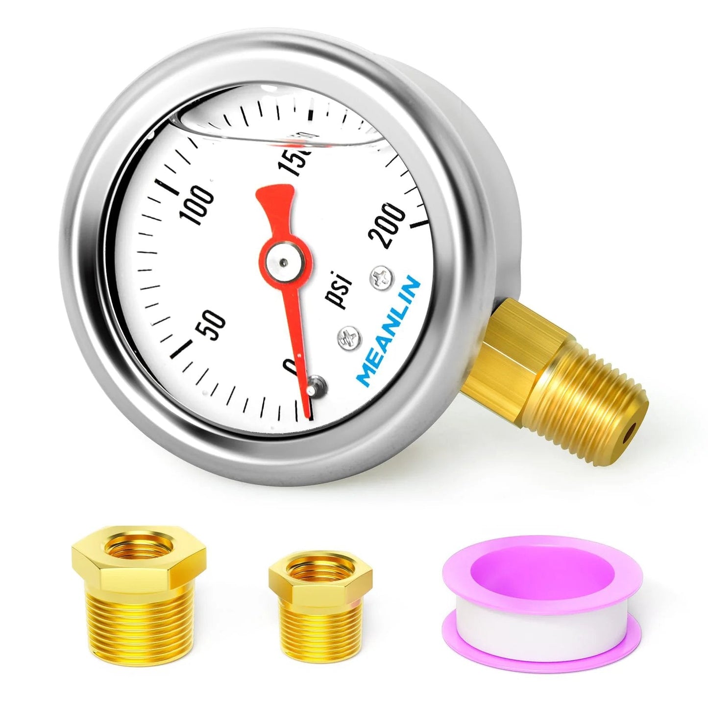 Stainless Steel Liquid Filled Pressure Gauge 0 To 200 Psi One Point Five Inch Dial One Eighth NPT Lower Mount Glycerin Filled For Water Oil Air Systems Includes One Quarter NPT And Three Eighth NPT Hex Bushings Built Tough For Rough Environments, showing brass bushings and seal tape.