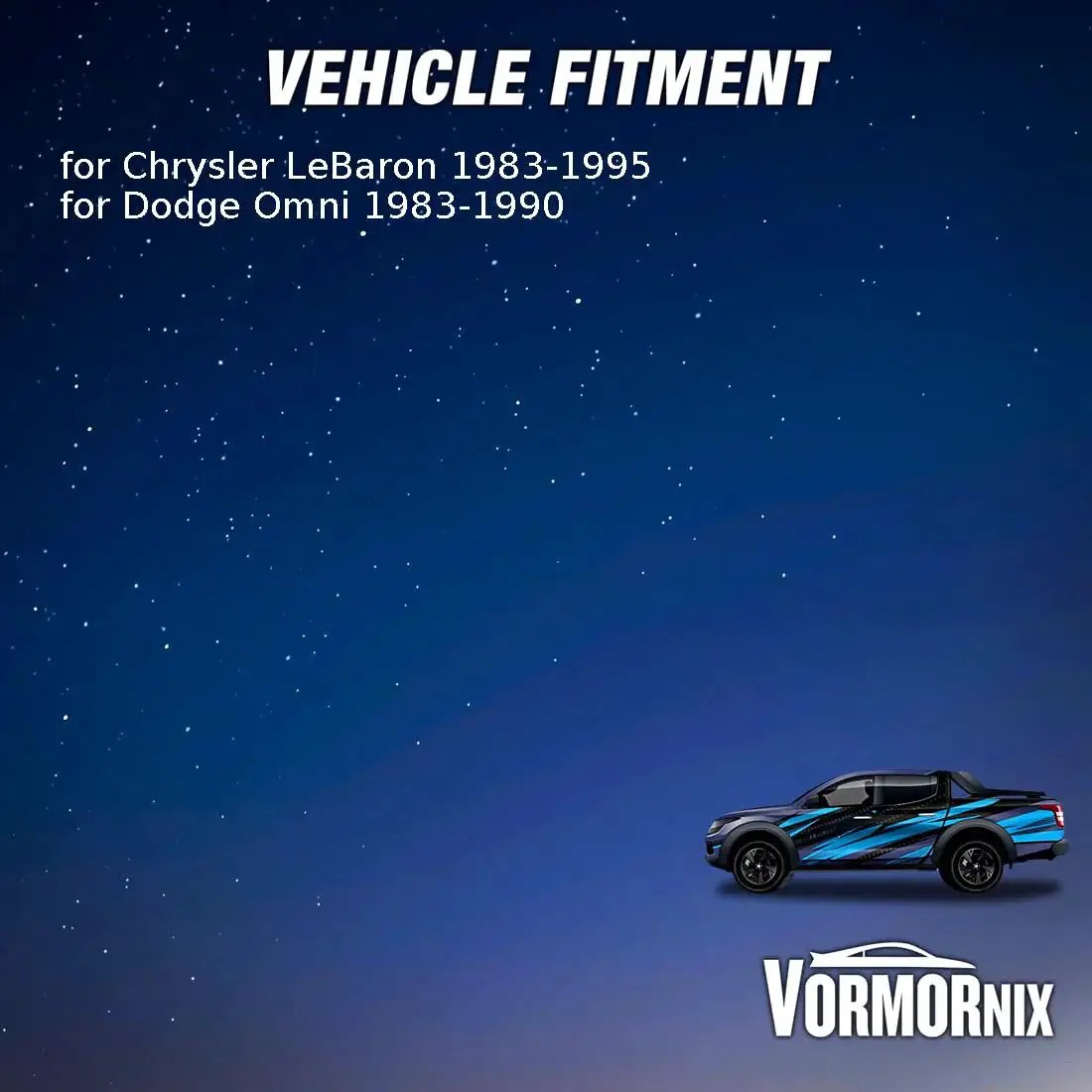 Vehicle fitment chart for Chrysler LeBaron 1983-1995, Dodge Omni 1983-1990, with image of blue and black car on starry background