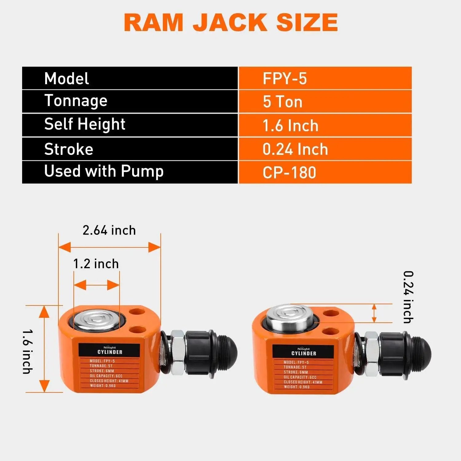 Diagram of 5 Ton Hydraulic Porta Power Jack Low Profile With 0.24in Stroke Auto Retract showing dimensions and orange housing