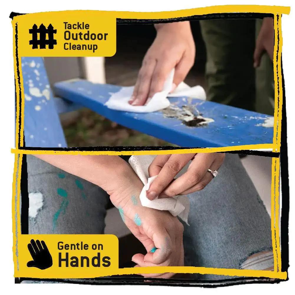Using Heavy Duty 10x12 Cleaning Wipes For Multi Surface Cleaning 90 Count Canister on outdoor bench and hands