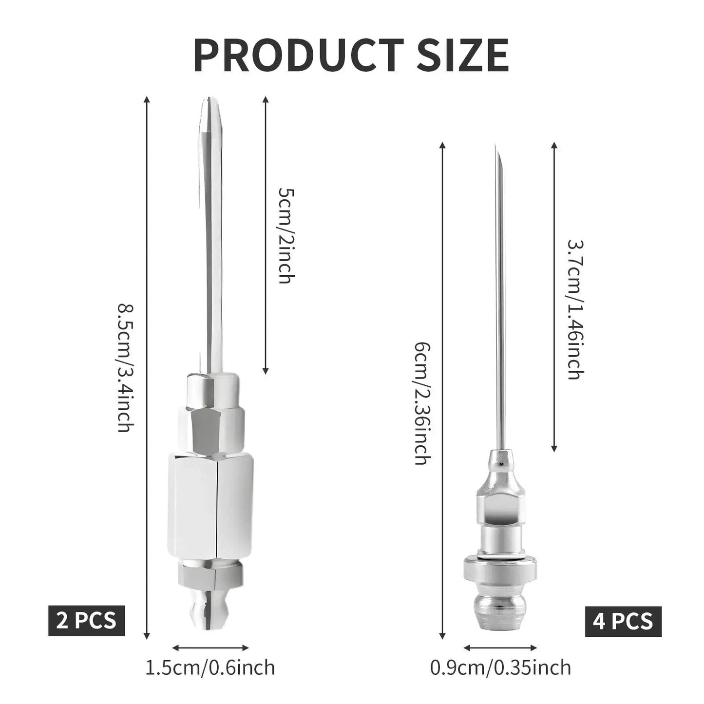 Grease Gun Needle Tip Set, 6 Pack With Four One Eighth Inch NPT 18G Tips And Two Narrow Dispenser Needles with size measurements shown