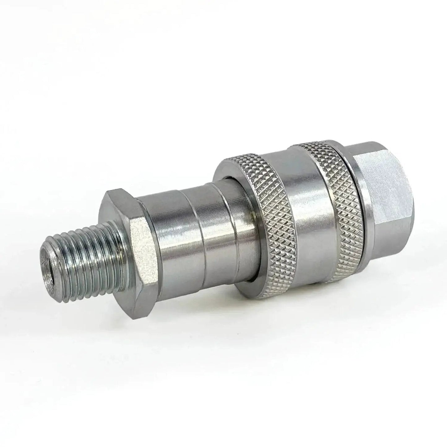 Pro Grade One Quarter Inch NPT High Pressure Hydraulic Quick Coupler Set For Ten Thousand PSI Systems With Ball Valve on white background