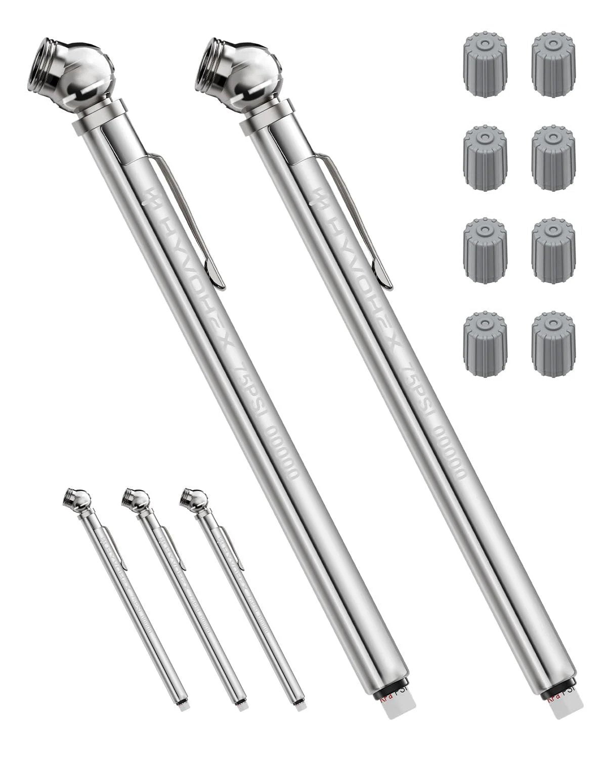 Two Pack Pencil Tire Pressure Gauge With Valve Caps, Stainless Steel Body, Deflator Valve, And Metal Nozzle For Cars, Trucks, RVs, And Bicycles