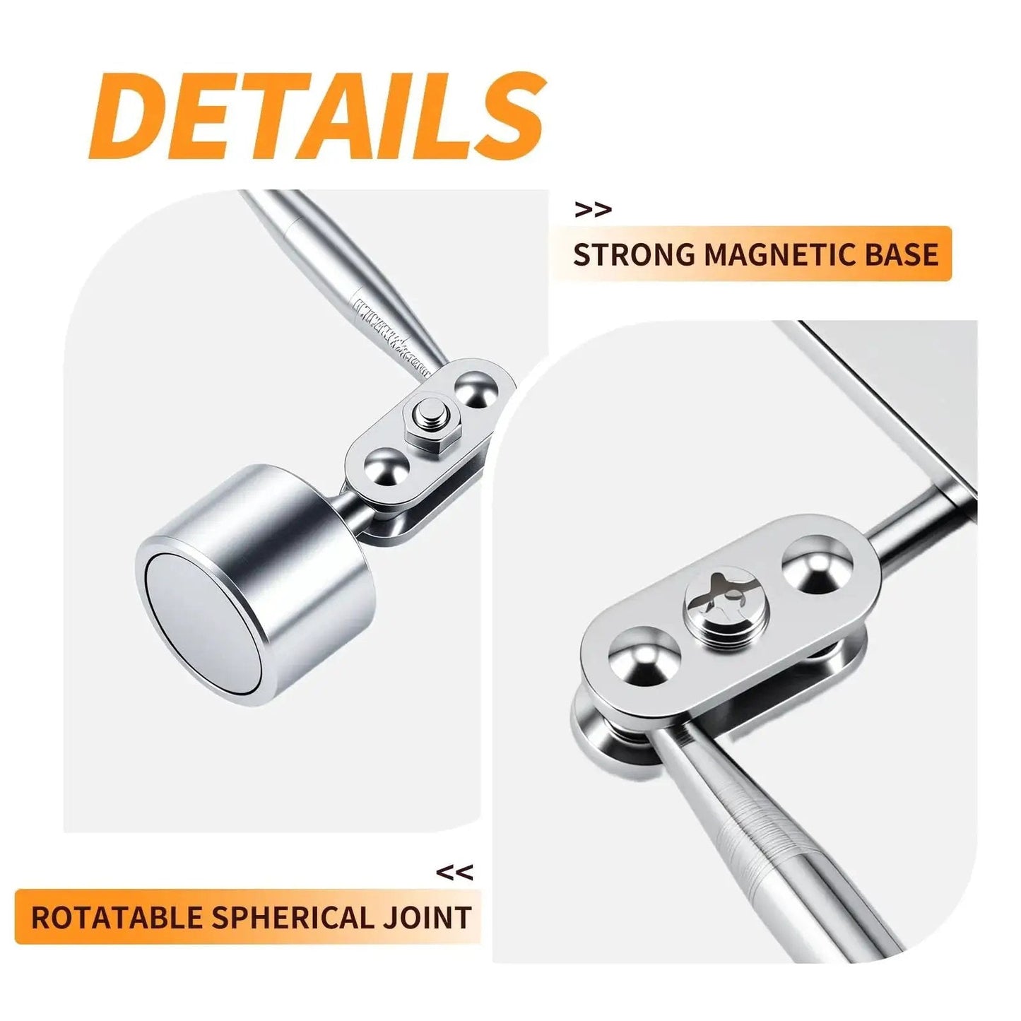 Magnetic Base Inspection Mirror With 3.5x2 Inch Head, Swivel Ball Joint, Hands Free Angles For Tight Spots In Equipment, Mechanical Welding, Coffee Machines, HARDK Maintenance Tools showing details of strong magnetic base and rotatable spherical joint.