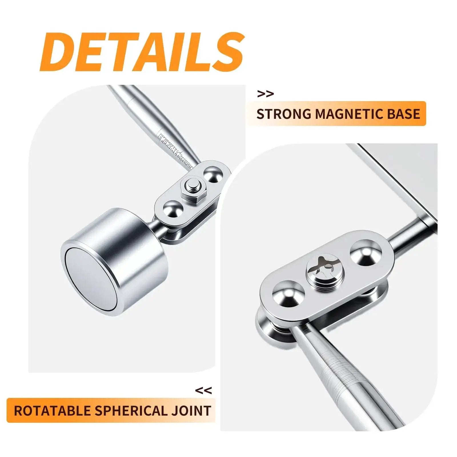 Magnetic Base Inspection Mirror With 3.5x2 Inch Head, Swivel Ball Joint, Hands Free Angles For Tight Spots In Equipment, Mechanical Welding, Coffee Machines, HARDK Maintenance Tools showing details of strong magnetic base and rotatable spherical joint.