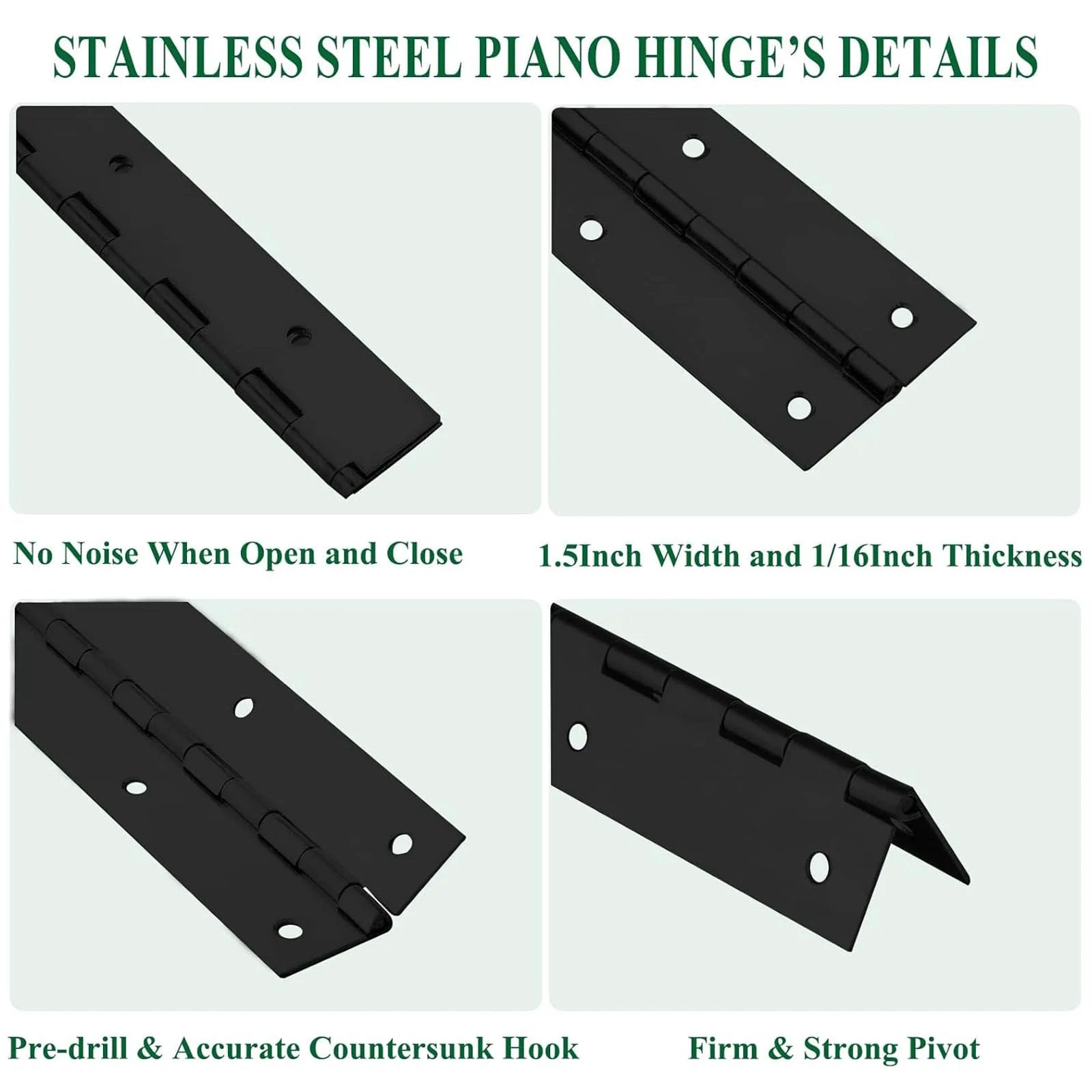 Heavy Duty Piano Hinge Set 2 Pack 2 In Open Width By 20 In Long 0.06 In Thick Stainless Steel With Holes Black Stainless Cabinet Door