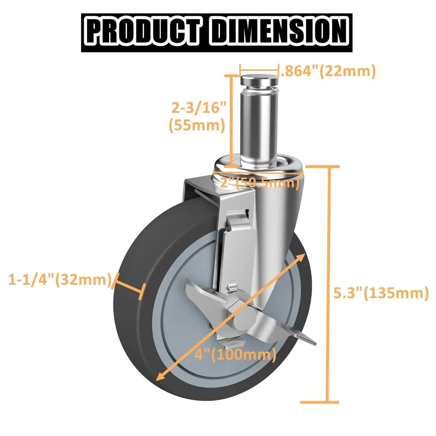 Detailed view of 4-Inch Caster Replacement Wheels Set Of 4 For Wire Shelving Racks And Scaffolding With Brake Heavy Duty Compatibility, with measurements.