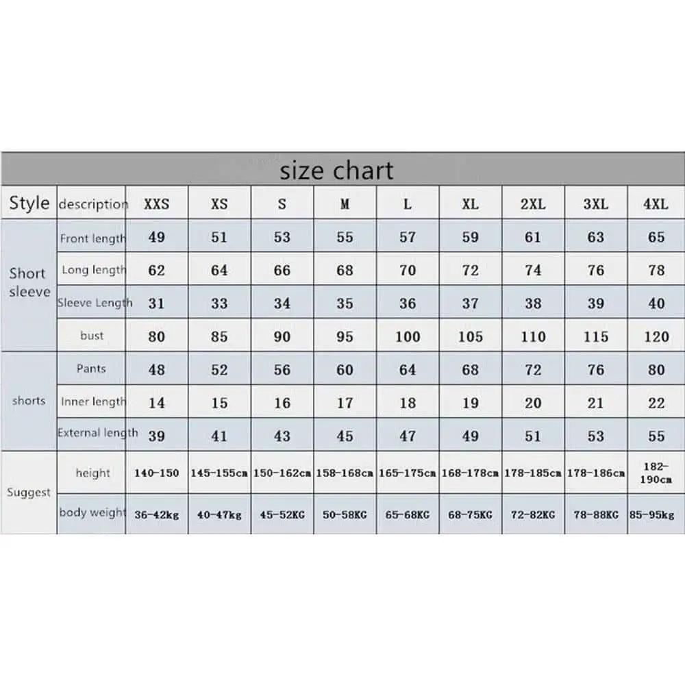 Clothing size chart with measurements for XXS to 4XL in various categories like front length, sleeve length, bust, and pants length.