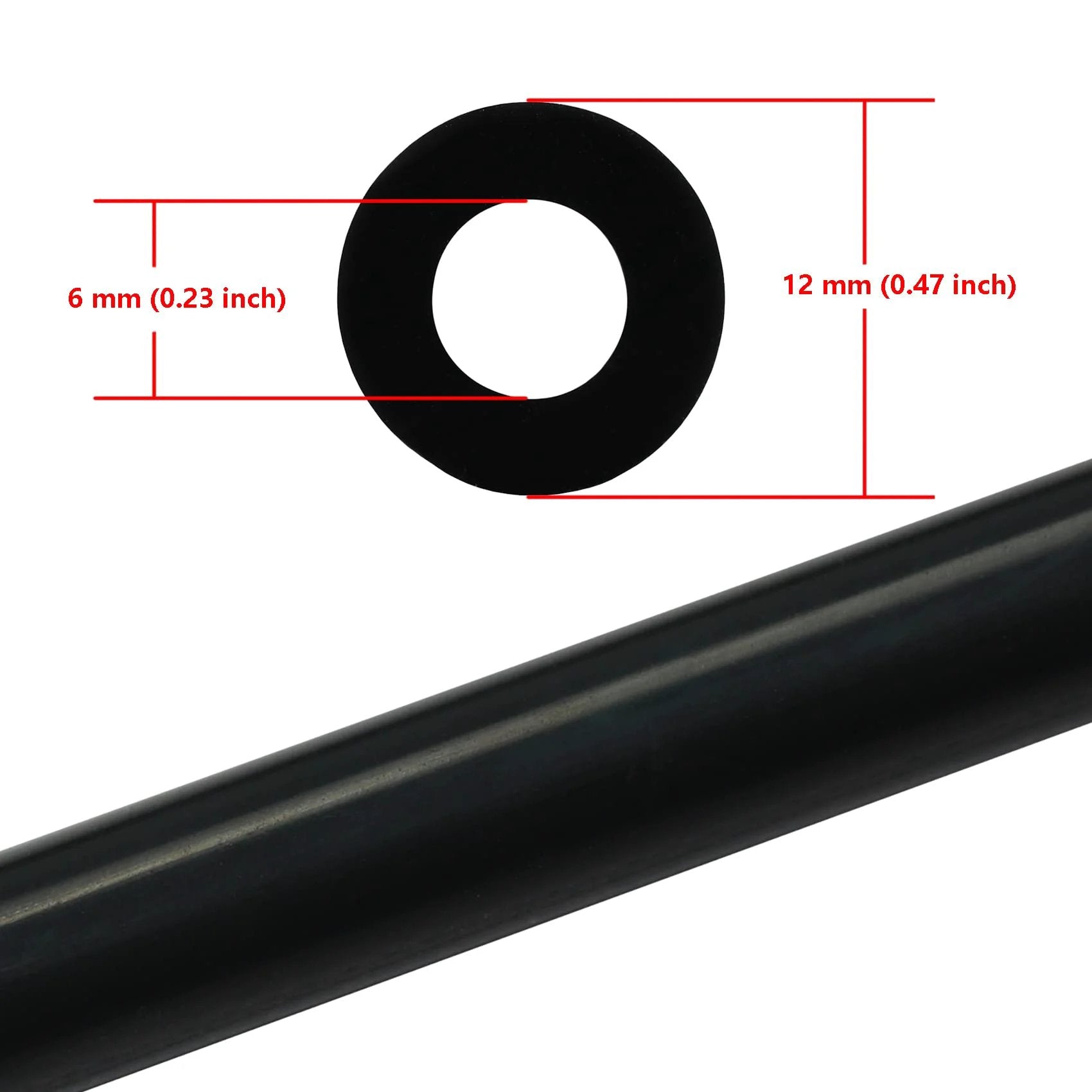 Cross-section and side view of High Temp Silicone Vacuum Tubing Hose Five Feet One Quarter Inch ID Six Millimeter Black For Air And Water Systems Minus Forty To Four Hundred Twenty Eight Fahrenheit Temperature Range Working Pressure Forty Three PSI Burst One Hundred Thirty PSI showing dimensions.