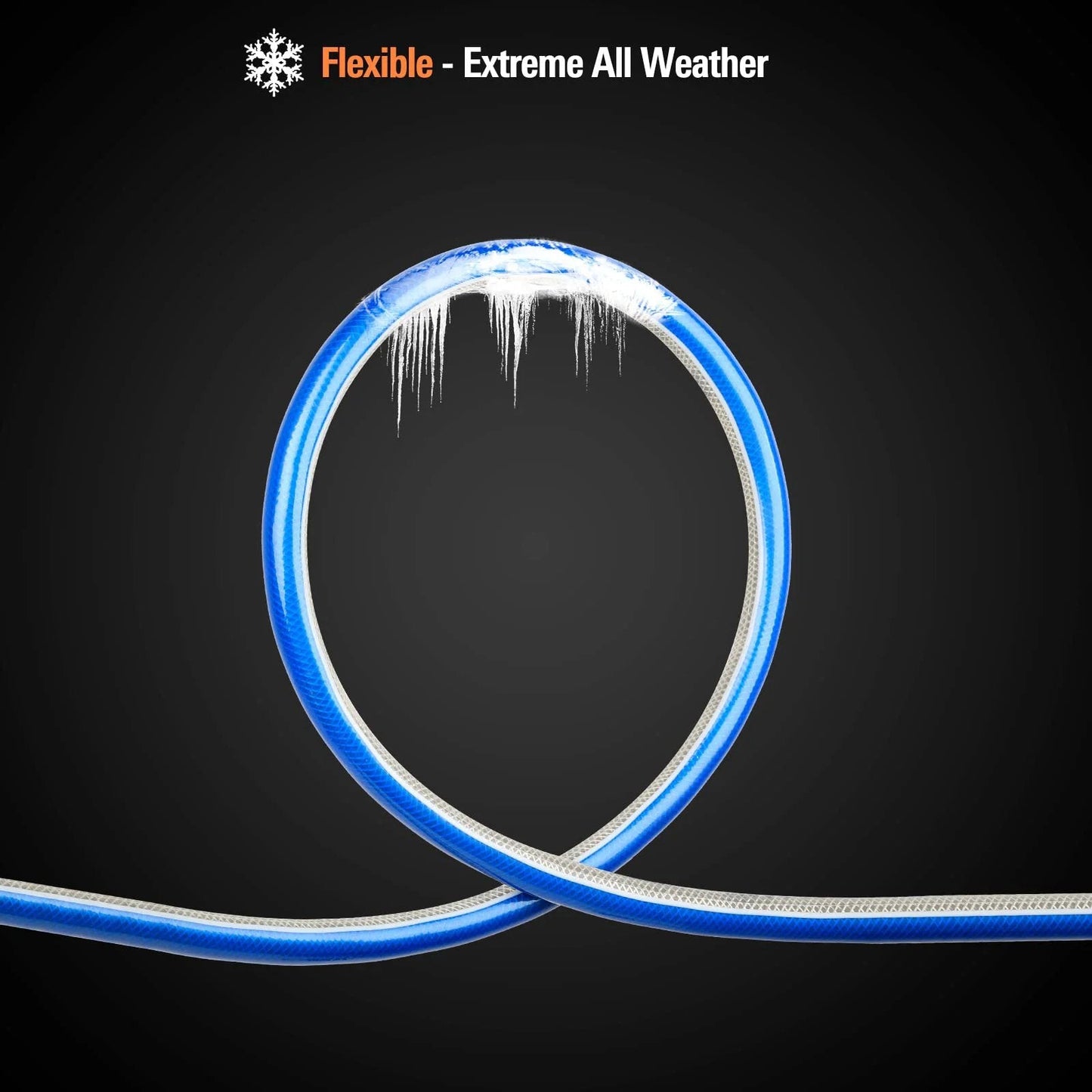 Three Quarters Inch Fifteen Foot No Kink Garden Hose shown in loop, blue PVC, suitable for extreme weather, flexible use.