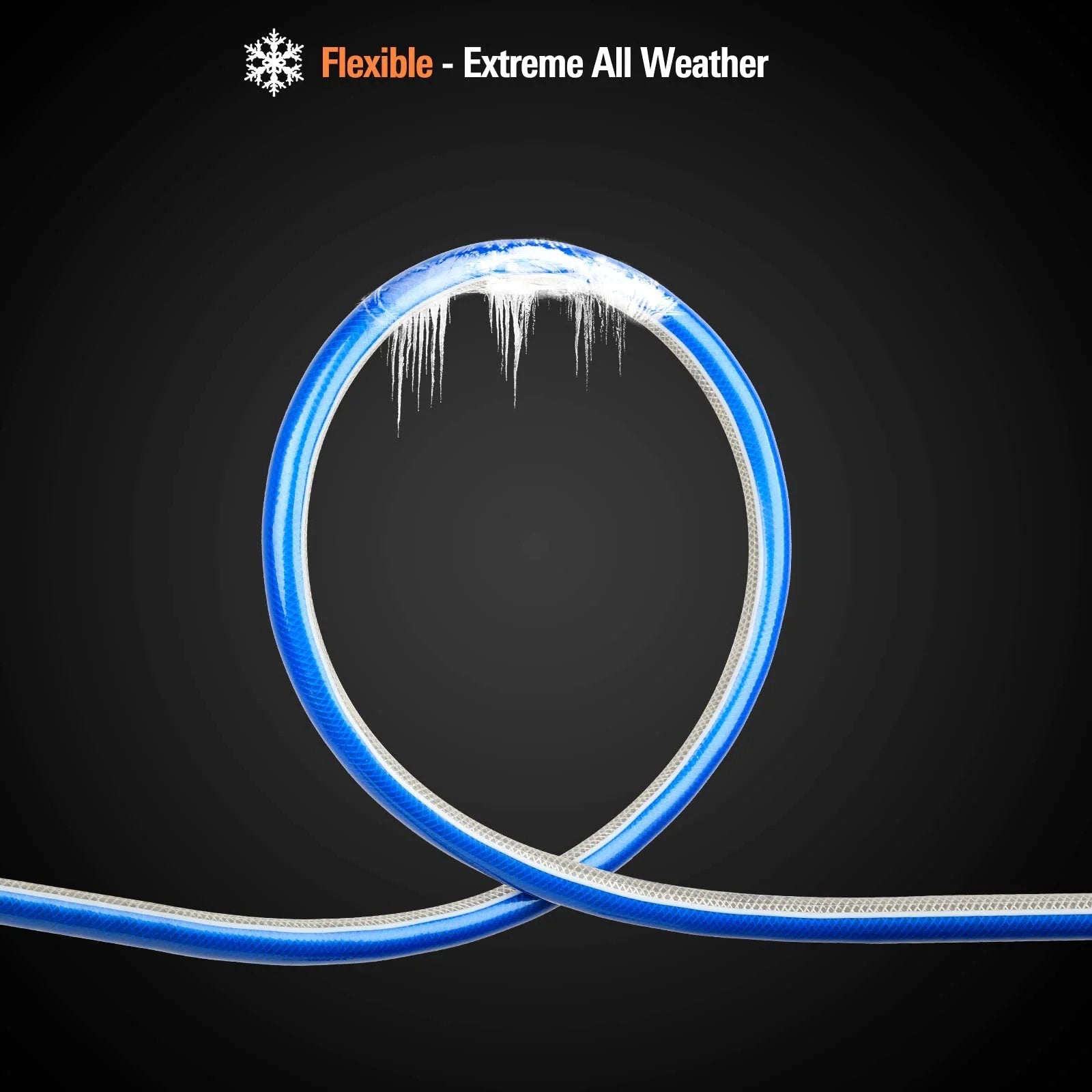 Three Quarters Inch Fifteen Foot No Kink Garden Hose shown in loop, blue PVC, suitable for extreme weather, flexible use.