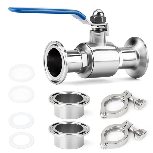 2.5 Inch Tube OD Sanitary Ball Valve Kit 304 Stainless Steel Tri Clamp 77.5mm Ferrule Flange for Industry Pipe Connections