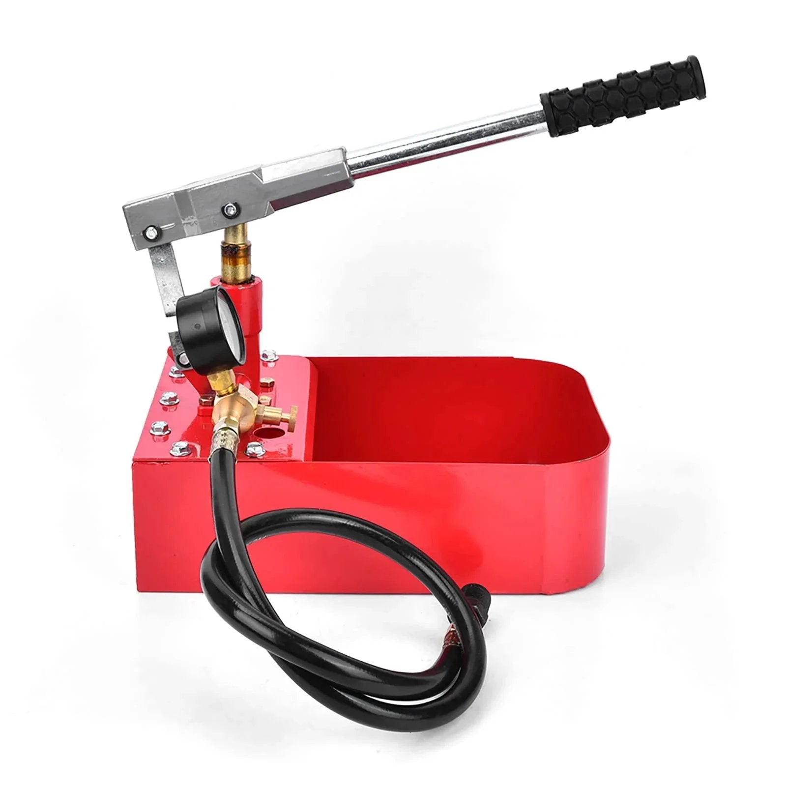 Rugged 1000 PSI Manual Hydraulic Pressure Test Pump For Pipes And Valves, red rust-resistant iron with fatigue-reducing handle