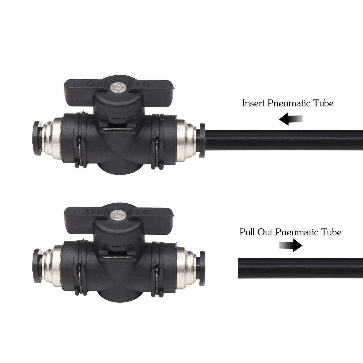 Quarter Inch Push Connect Pneumatic Ball Valve With Quick Connect Tube Fittings Straight Union Air Flow Control Valve For Air Compressors 3 Pack Durable Metal And Plastic Construction Easy Install Leak Free Connection shown with tube insertion and removal steps.