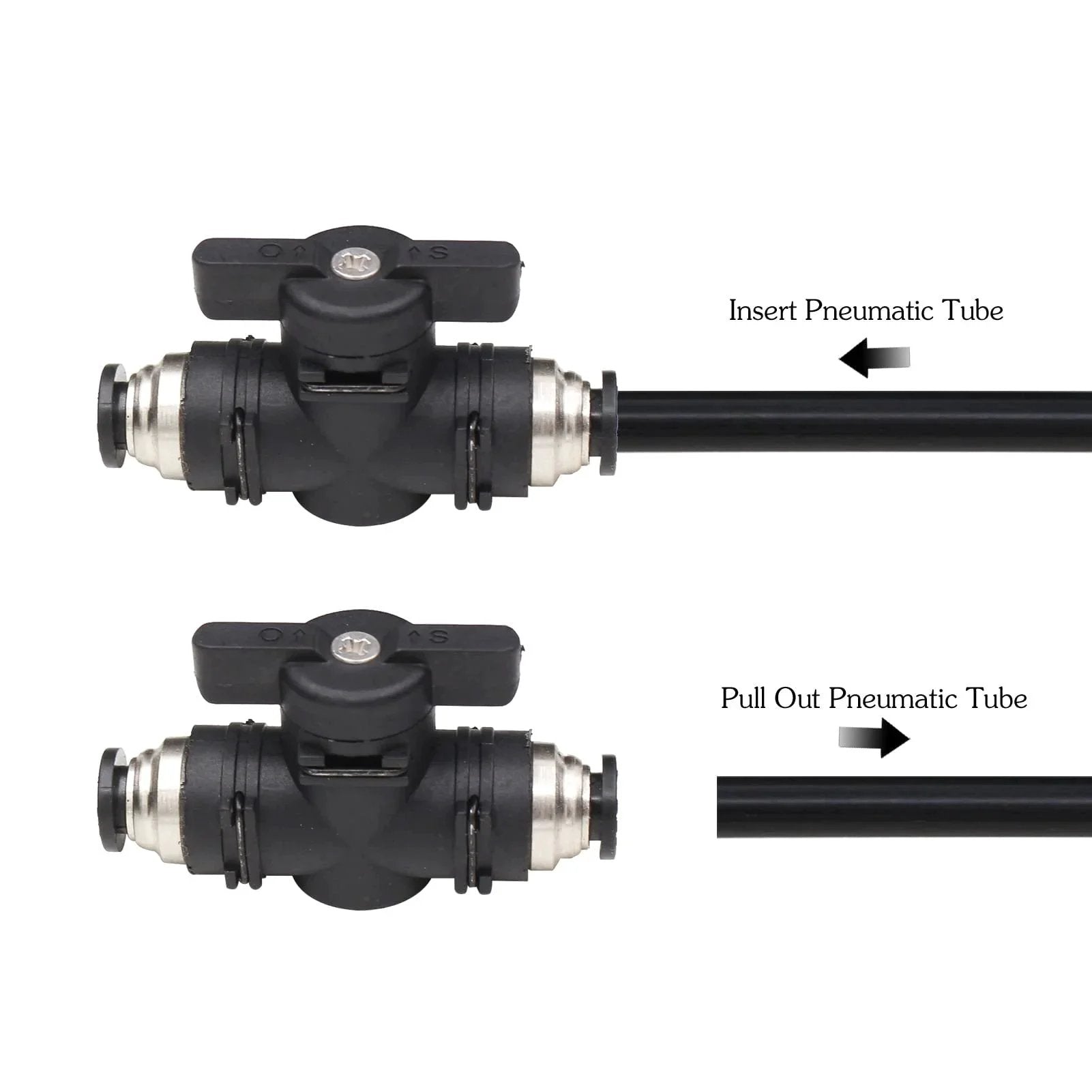 Quarter Inch Push Connect Pneumatic Ball Valve With Quick Connect Tube Fittings Straight Union Air Flow Control Valve For Air Compressors 3 Pack Durable Metal And Plastic Construction Easy Install Leak Free Connection shown with tube insertion and removal steps.