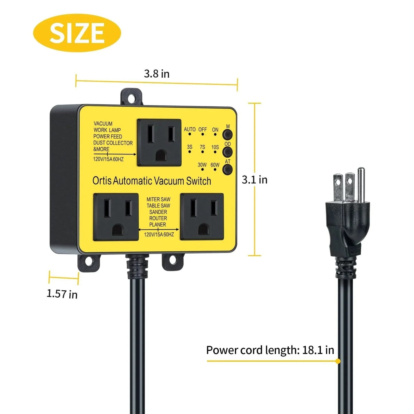 Front view of Ortis Automatic Vacuum Switch with Extra Outlet for More Power Tools, yellow, with dimensions and power cord visible.