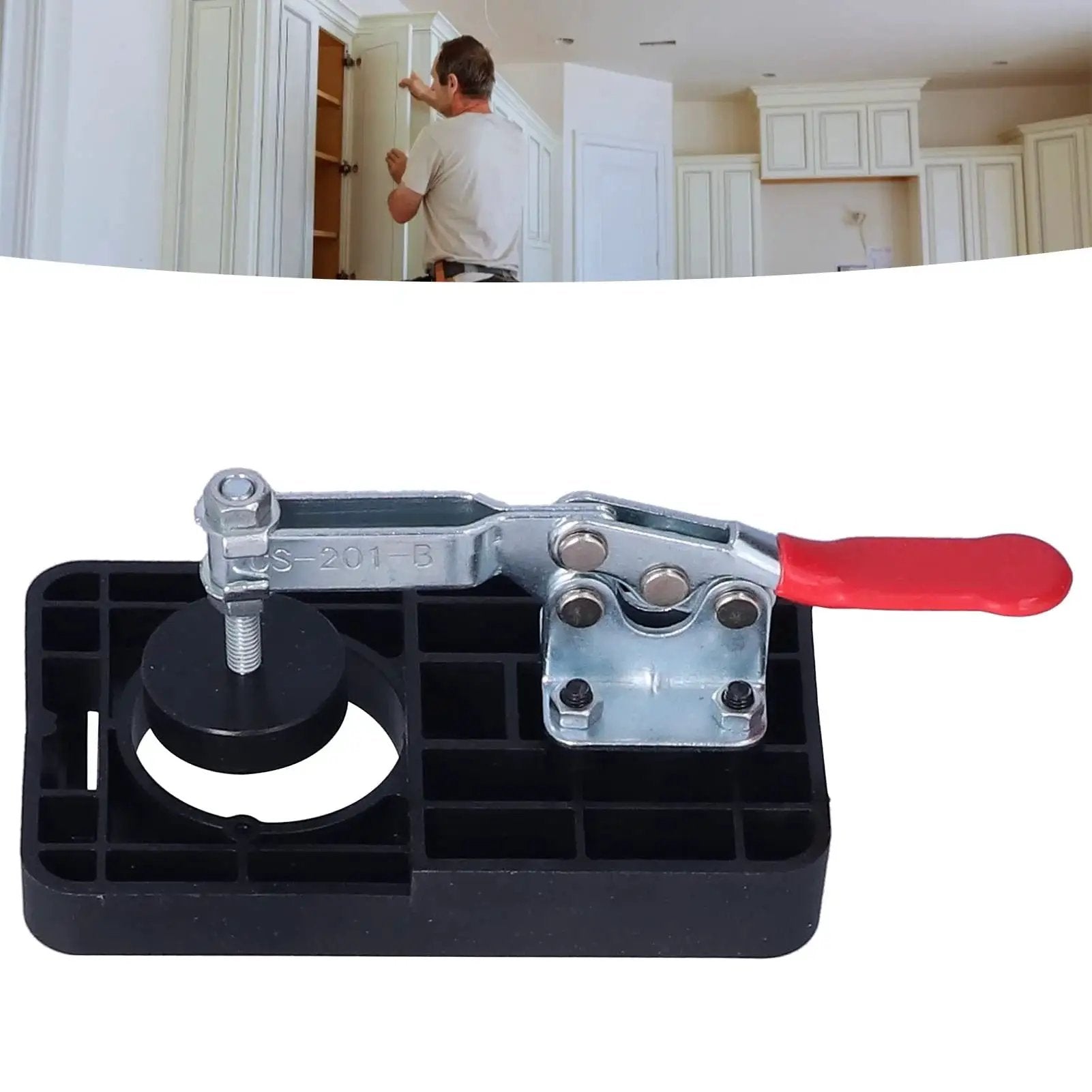 Household Woodworking Hinge Boring Jig Kit with alloy opener and red positioning clamp for 35mm and 1.4 inch holes, DIY tool.