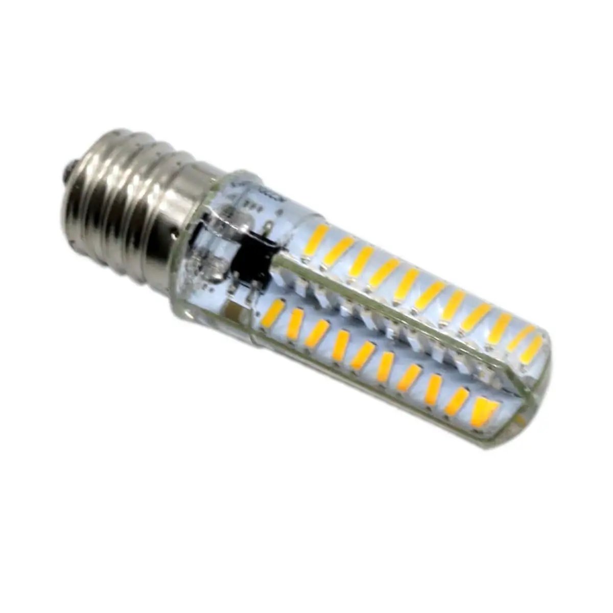 LED light bulb with a clear cylindrical design showcasing multiple yellow diodes, E27 base, suitable for energy-efficient lighting.