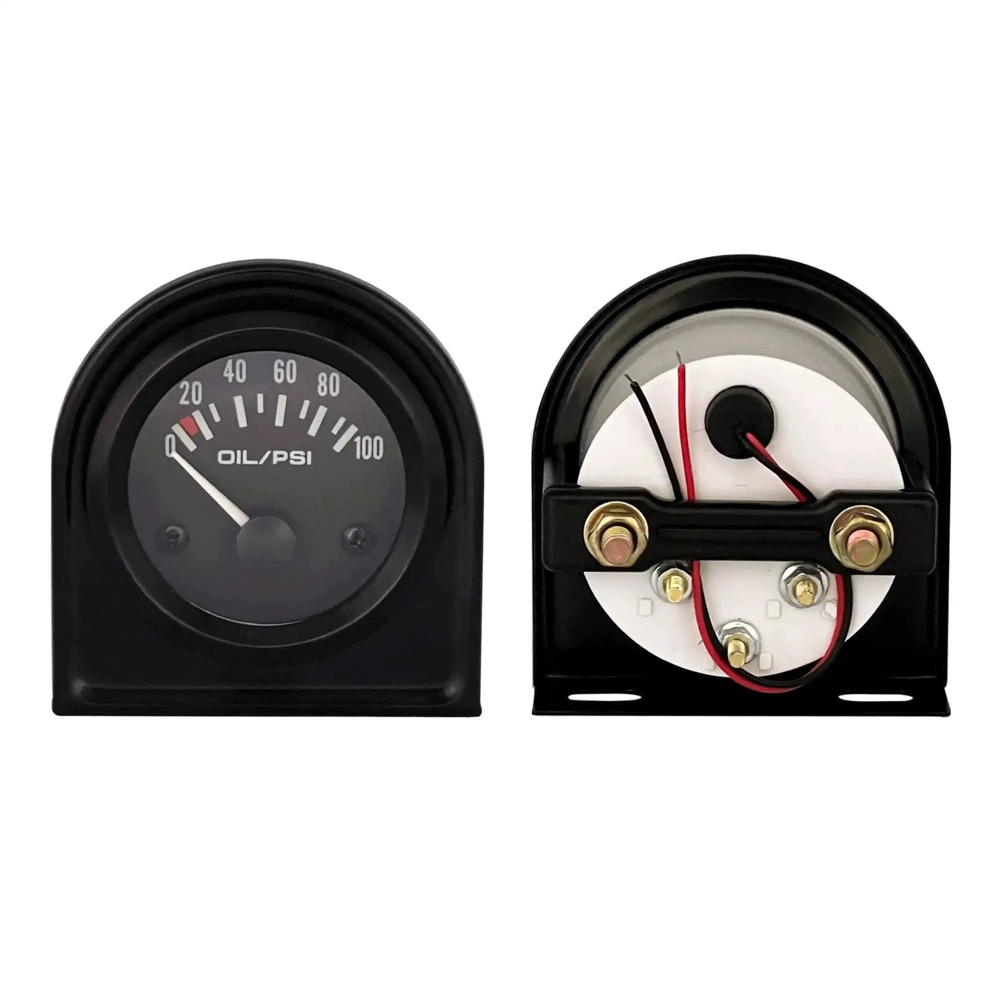 Front and back view of Pro Grade 52mm Oil Pressure Gauge Kit with sensor for cars and trucks, analog black dial, 0-100 PSI range.