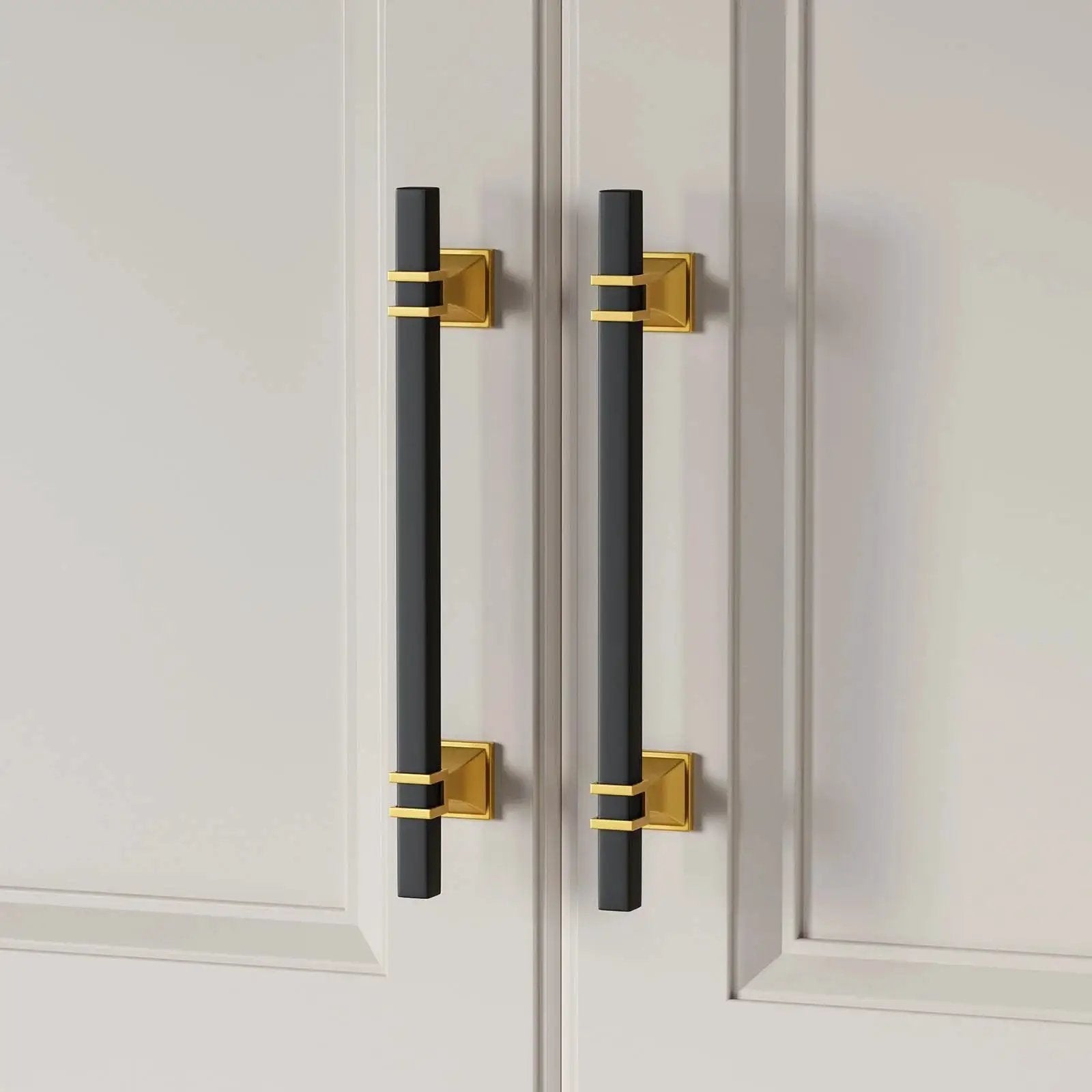 10 Pack Black And Gold Cabinet Pulls 5 1/16 Inch Overall Length With 3 Inch Center Hole Stainless Steel Grips And Zinc Alloy Base installed