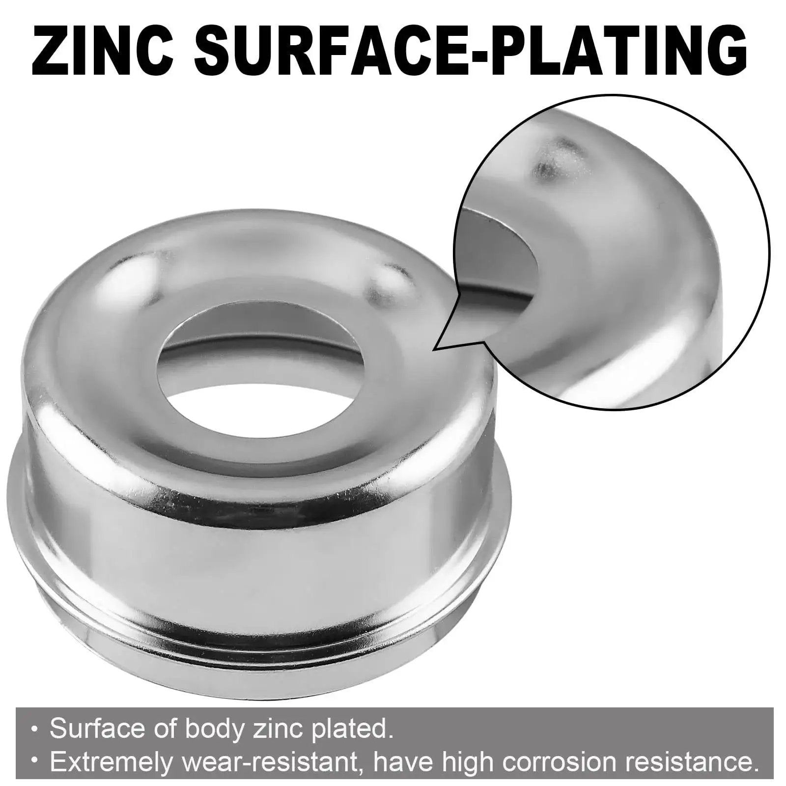 Close-up of 2.72 Inch Trailer Axle Dust Cap Kit With 4 Rubber Plugs For 7000 To 8000 Lb Axles And 8 On 6.5 Inch Hubs EZ Lube Compatible