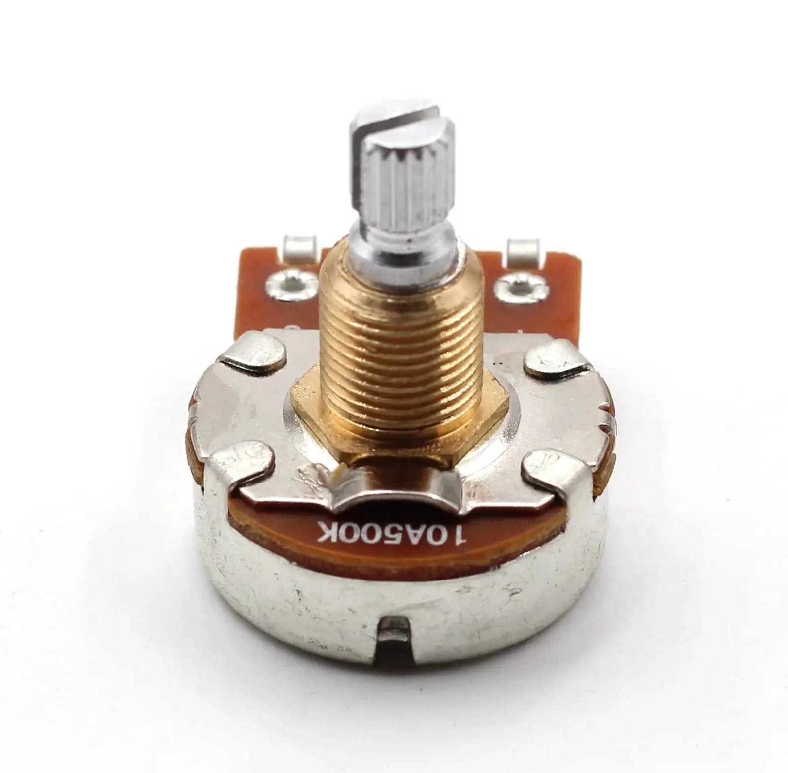 Four Pack Of 500K Short Split Shaft Audio Taper Potentiometers For Guitars With Low Friction Rotation And Three Eighths Inch Imperial Bushings