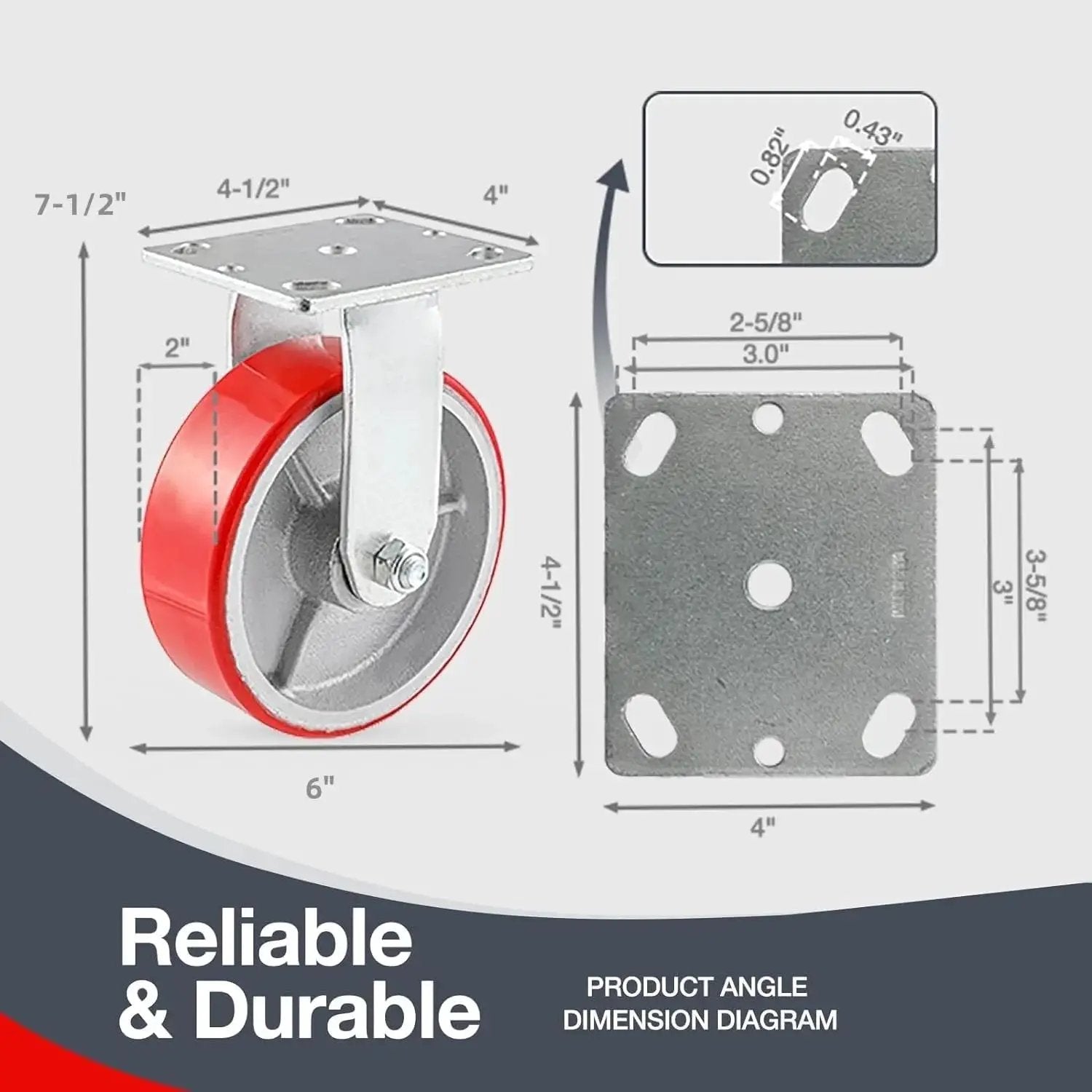 Industrial Casters Set Of 4 With Brakes, 6 Inch Swivel And 2 Rigid Wheels, Heavy Duty 5000 Lbs Capacity, dimension diagram