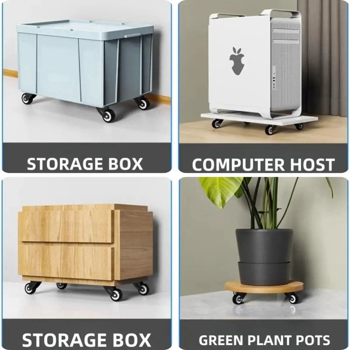 4-Pack 2-Inch Gate Wheels with Vertical Mount Anti-Sag Support used under storage boxes, computer host, and plant pots.