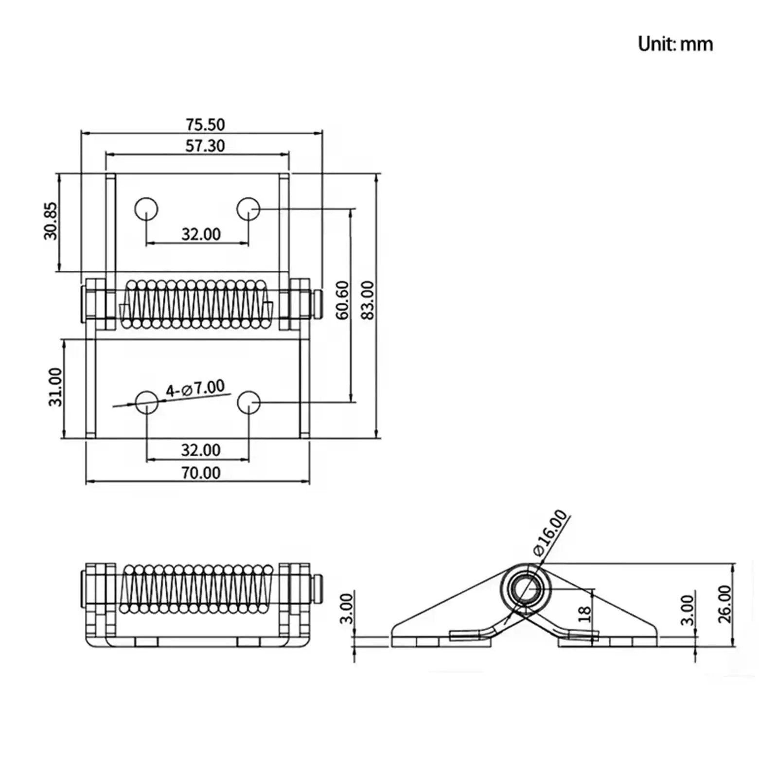 Technical drawing of Beefy Heavy Duty Tension Hinges For Gates Self Closing Spring Load Bearing with measurements in mm.