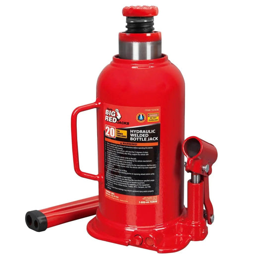 20 Ton Hydraulic Bottle Jack For Auto Repair And Home Lift With Welded Saddle, red steel body, front view