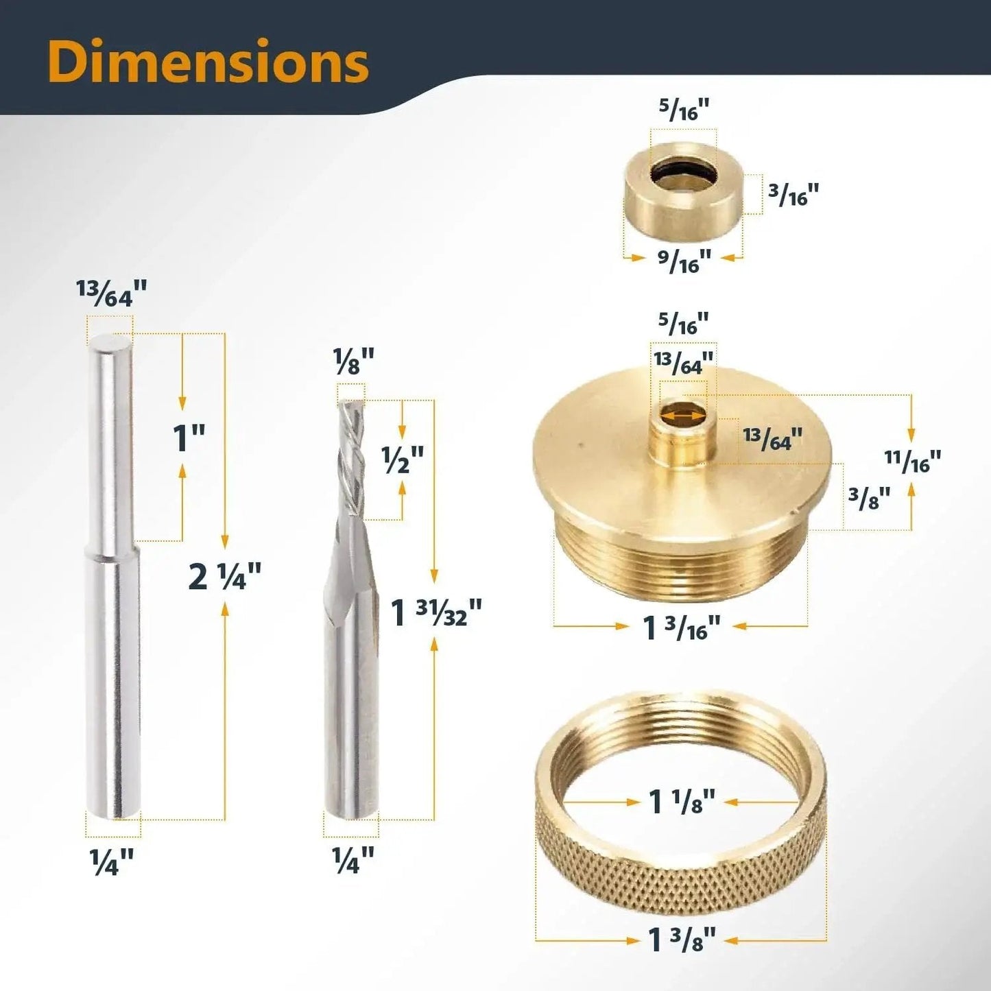 Solid Brass Inlay Kit dimensions showing 1/8-inch downcut router bit, 1/4-inch shank, brass bushing, retaining nut, and more