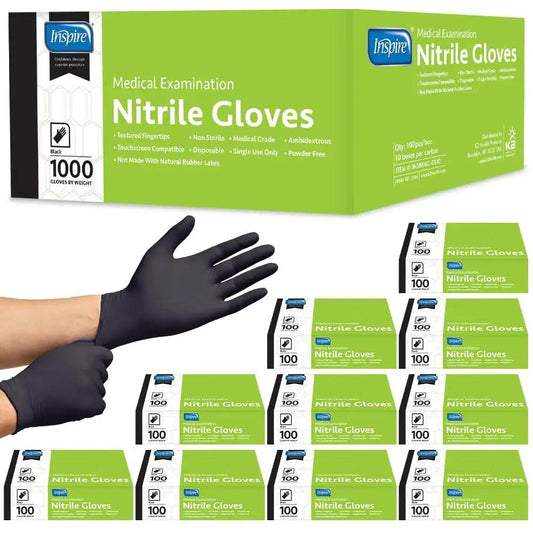 Black Nitrile Gloves Disposable Latex Free 4.5 Mil Medium, hand wearing gloves next to product boxes, case of 1000