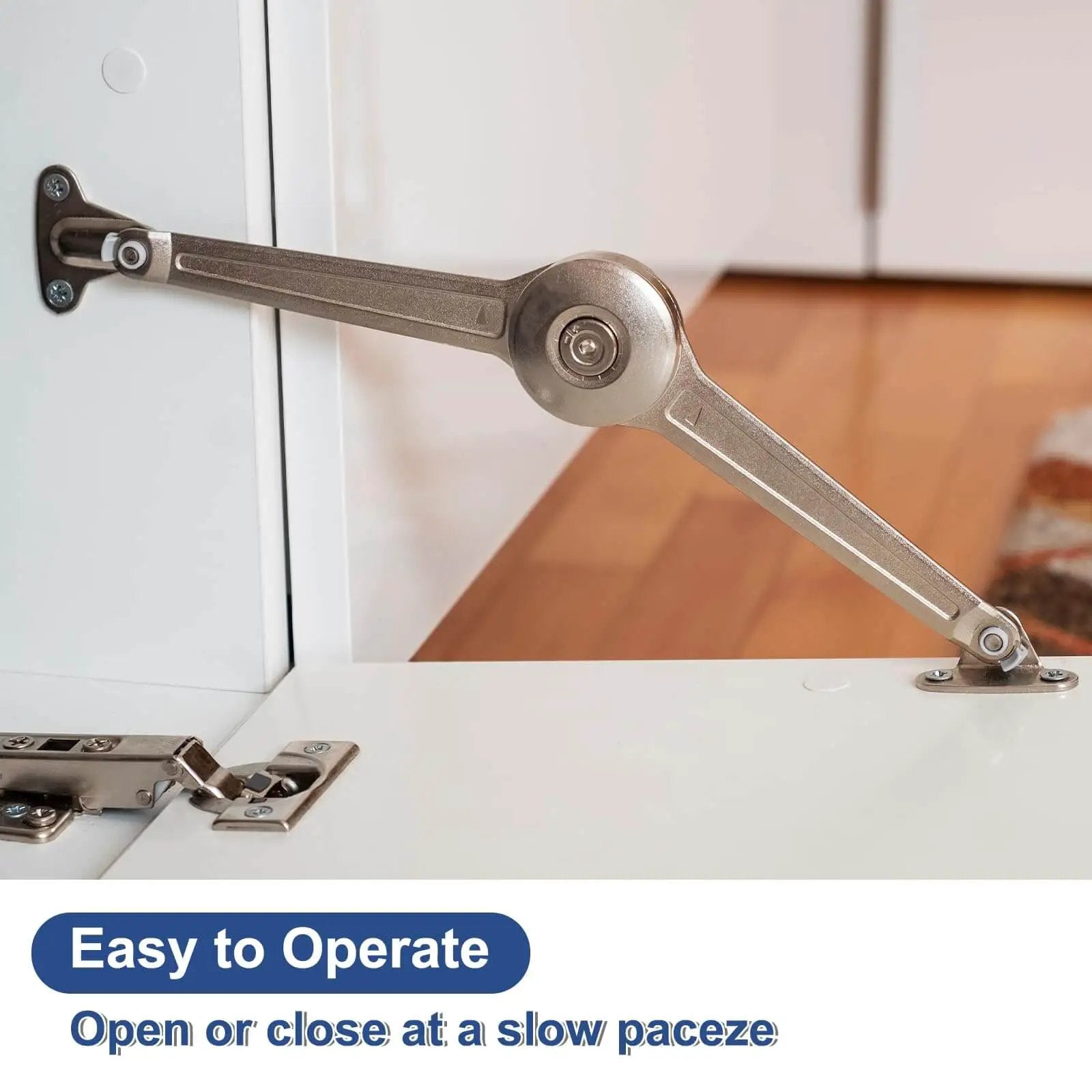 Heavy Duty Soft Close Lid Support Hinges Set 4 Pack installed on a cabinet lid, showcasing the adjustable gas struts and slow lowering mechanism