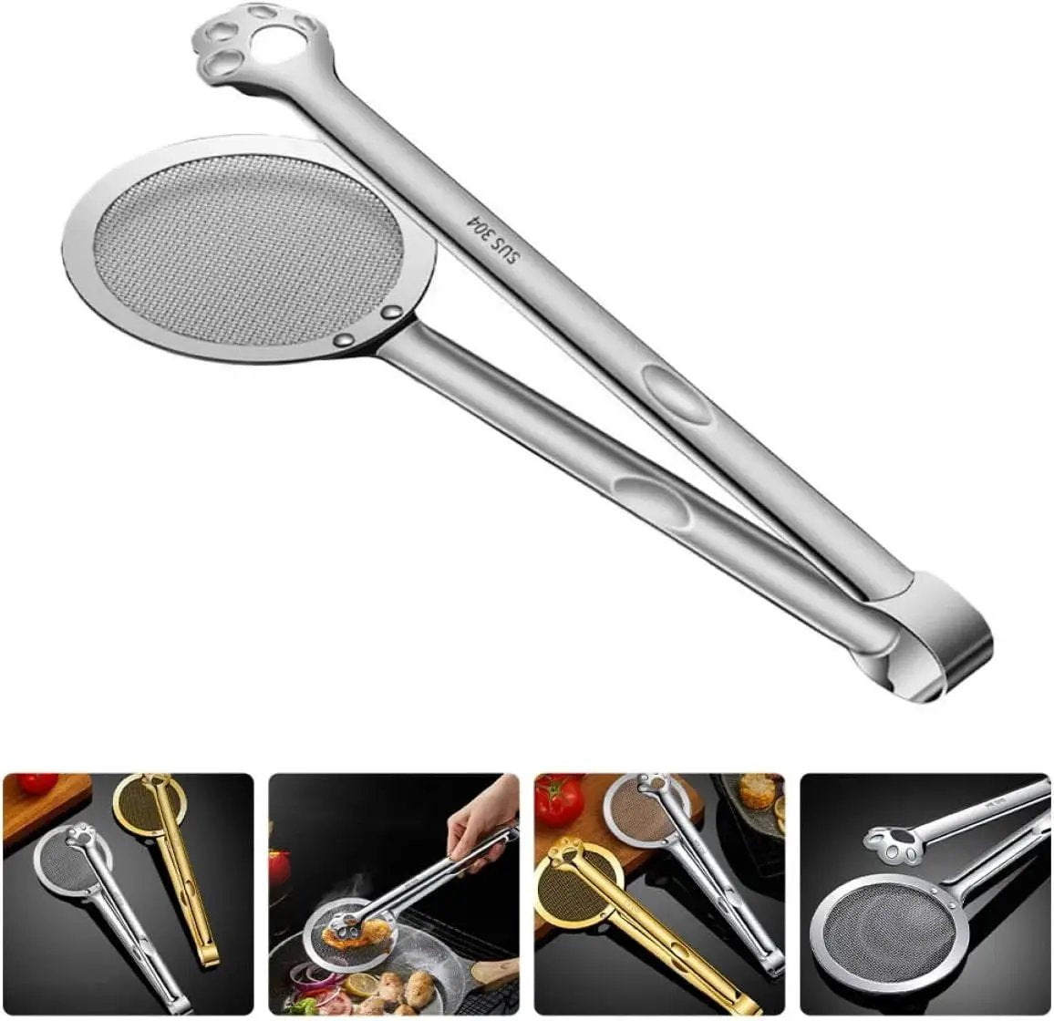 Stainless Steel Oil Strainer Spoon And Frying Oil Filter Clamp With 304 Claw Design, silver, fine mesh, for kitchen use, close-up view.