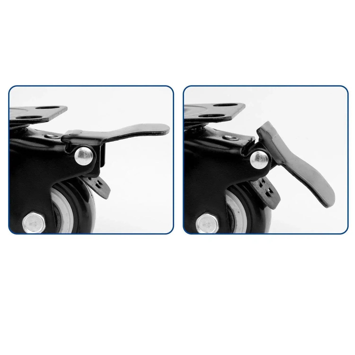 Close-up of Heavy Duty 4 Pack 1.5 Inch Polyurethane Casters with locking brakes, top plates, ideal for furniture on hardwood and tile floors.