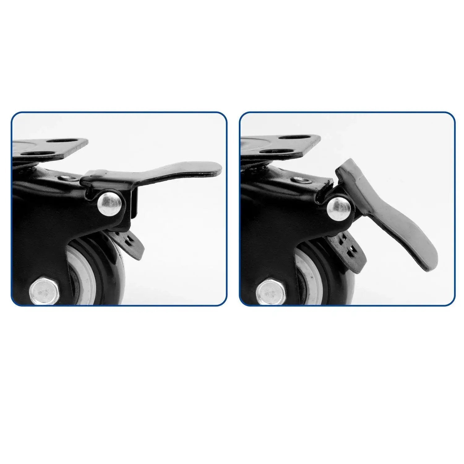 Close-up of Heavy Duty 4 Pack 1.5 Inch Polyurethane Casters with locking brakes, top plates, ideal for furniture on hardwood and tile floors.