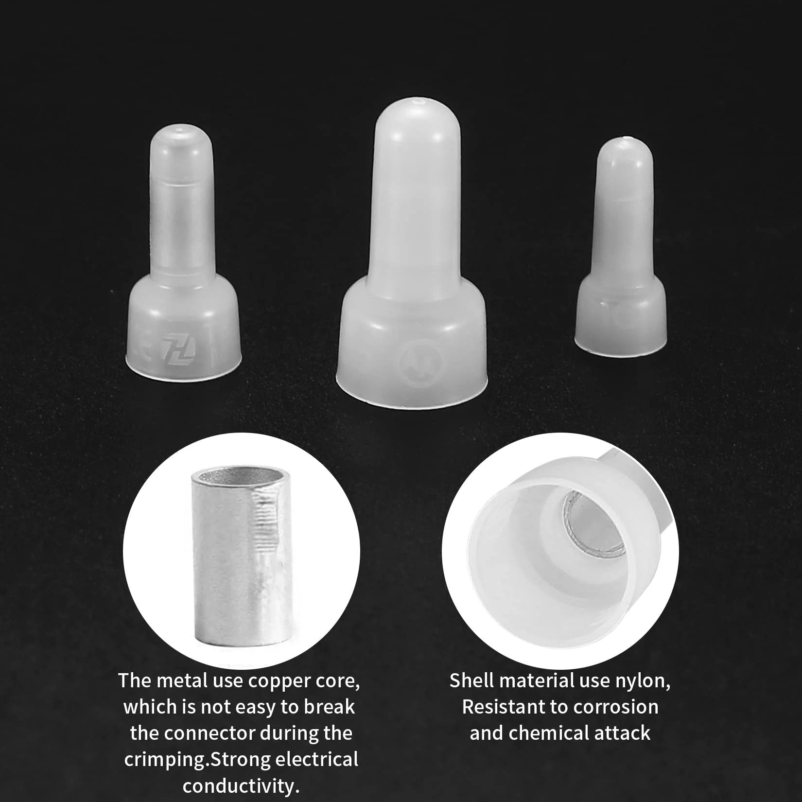 DIY Friendly Closed End Wire Connectors Kit With 250 Pieces Nylon Insulated Aluminum Crimp Caps For 22-16 16-14 12-10 AWG Wiring Easy Crimp Terminal Connectors Set For Auto And Home Projects WoshilaoDS, showing various crimp cap sizes and inner composition with copper core and nylon shell.