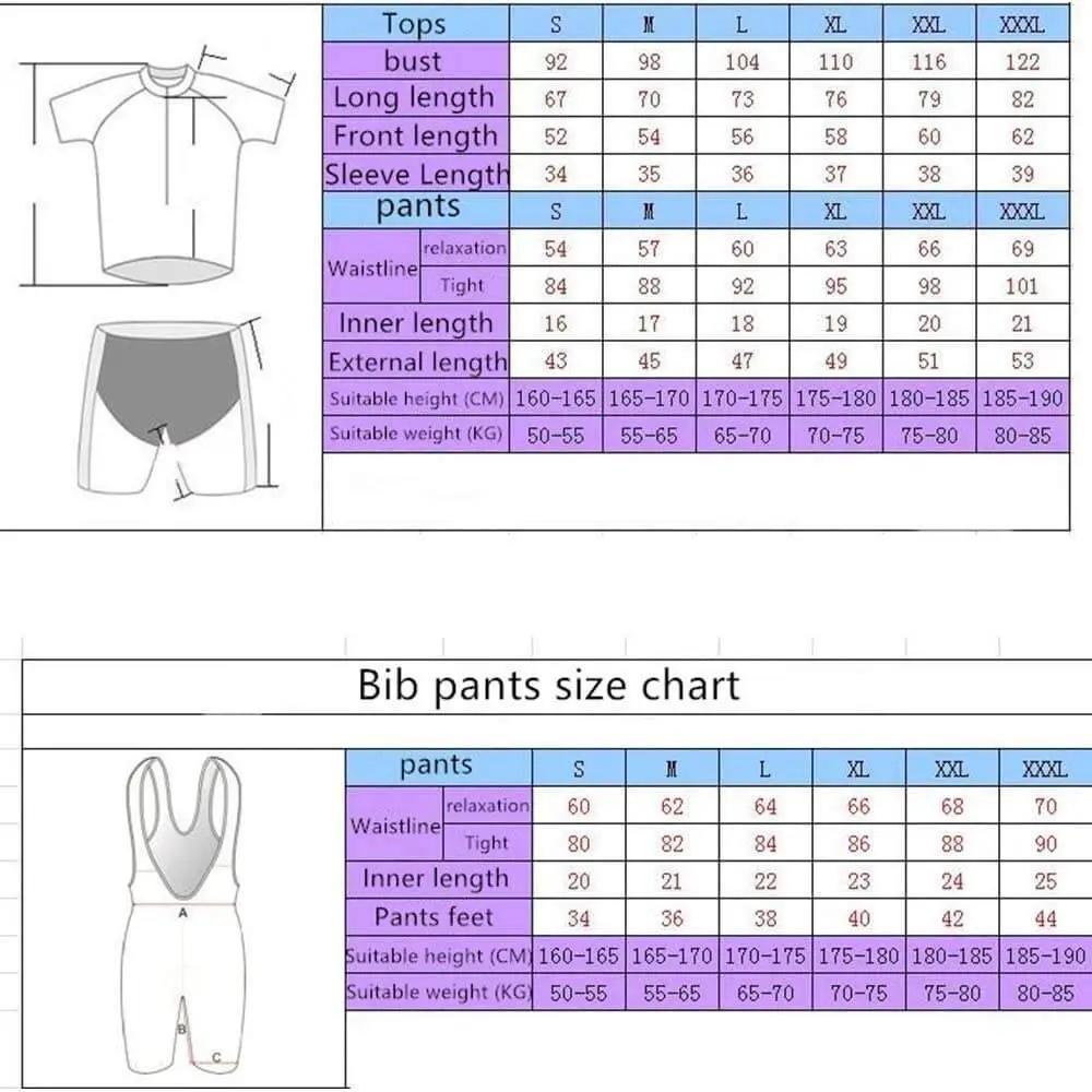 Size chart for cycling tops and bib pants, showing measurements for bust, waistline, length, and suitable weight range, sizes S-XXXL.