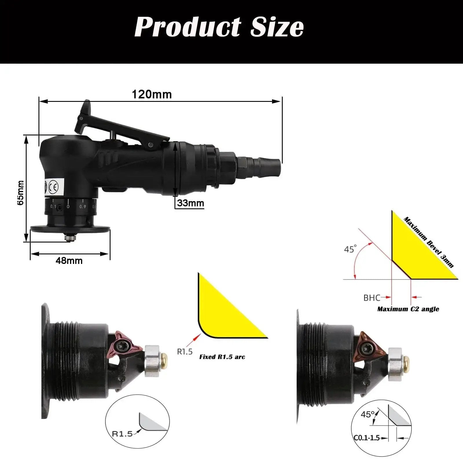 Portable Forty Five Degree Pneumatic Chamfering Tool For Metal And Wood Beveling Deburring With One Quarter Inch Air Inlet dimensions