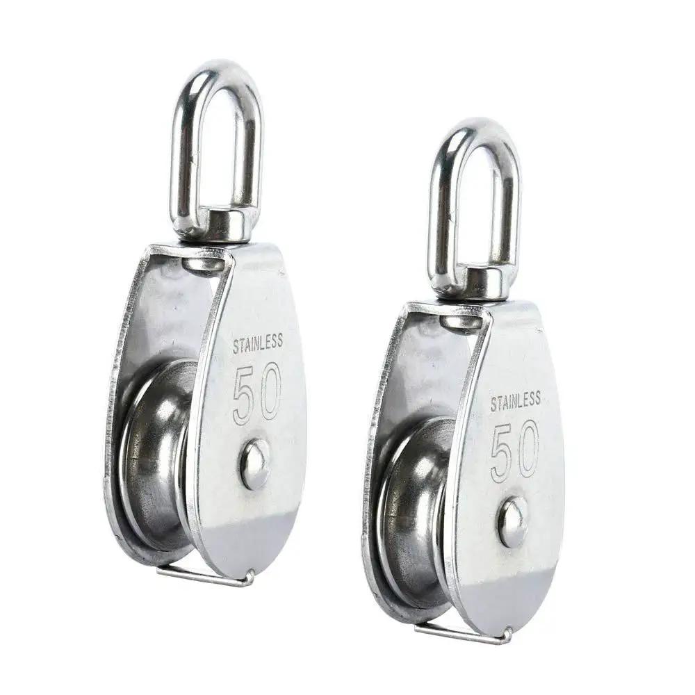 Two Pack M50 Single Pulley Block In 304 Stainless Steel For Lifting And Rigging Heavy Duty Wire Rope Hanging And Towing Wheel