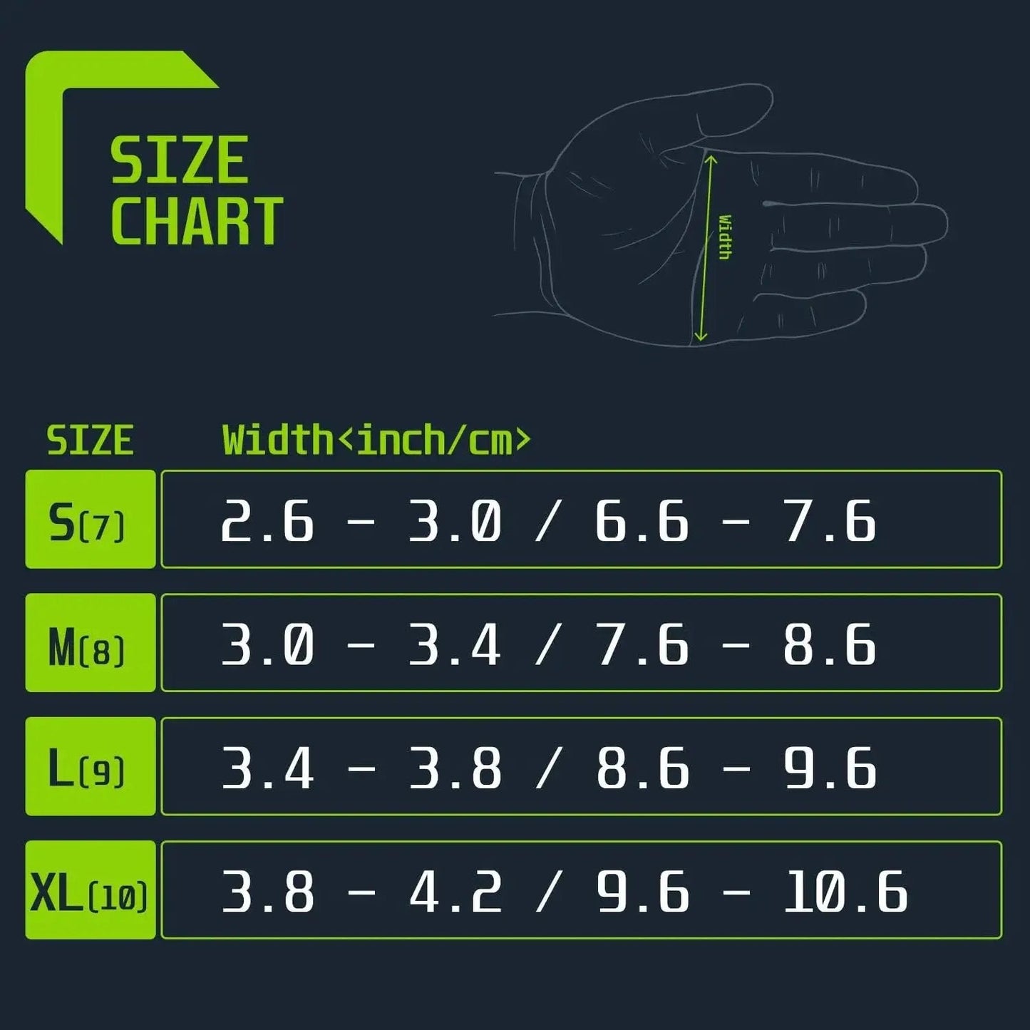 Size chart for 5 Mil Nitrile Gloves Latex Free Powder Free Textured Grip Automotive Cleaning, showing measurements in inches and cm.