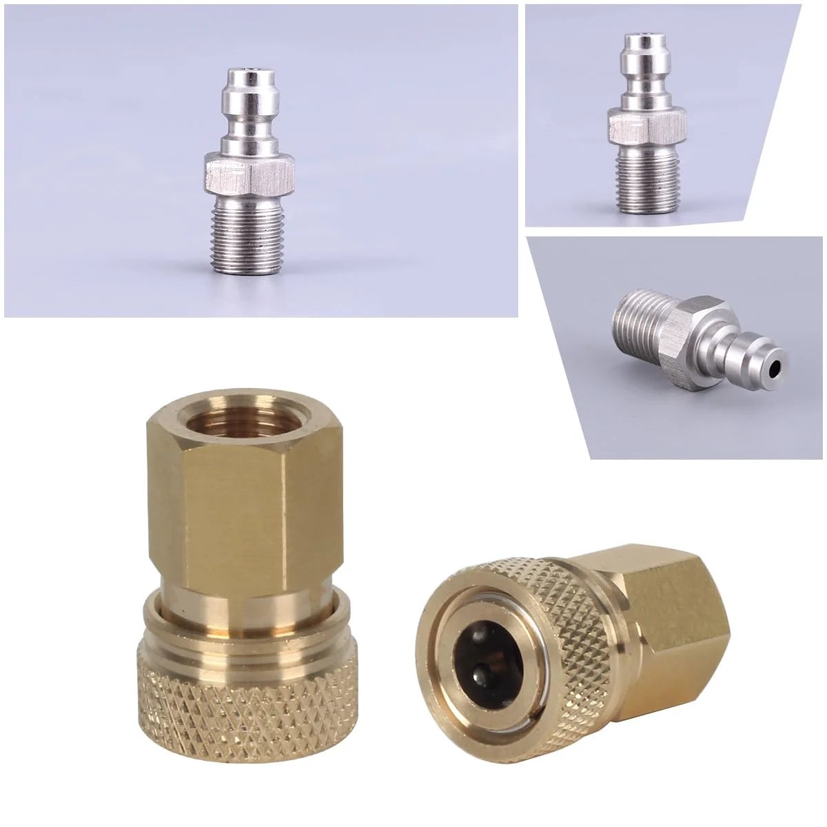 8mm Quick Disconnect To One Eighth NPT Adapter Set For High Pressure Air Systems, showing stainless steel and brass fittings