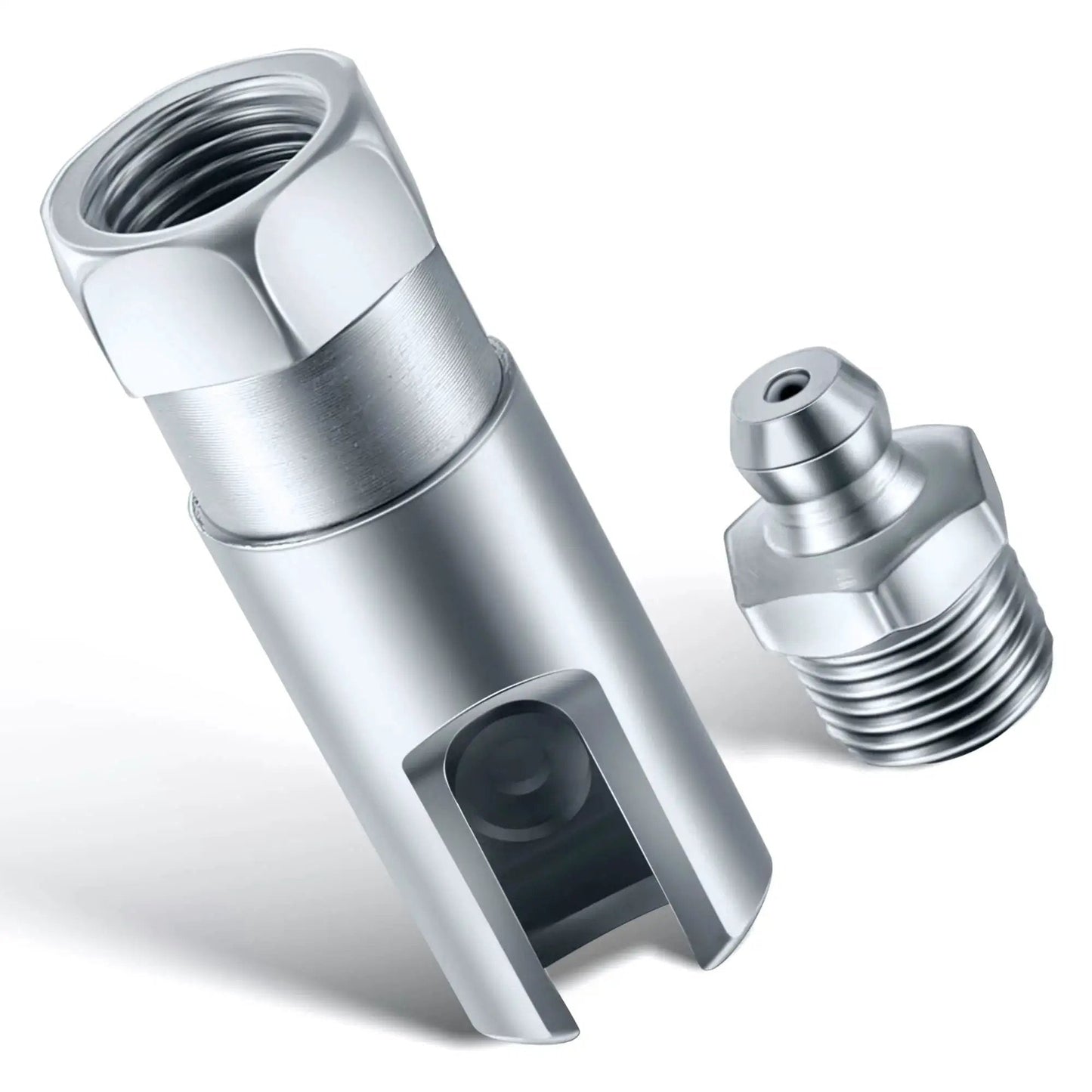Front view of Grease Gun Coupler With One Eighth Inch NPT Threads, Saillong Push On Slotted Right Angle Grease Coupler