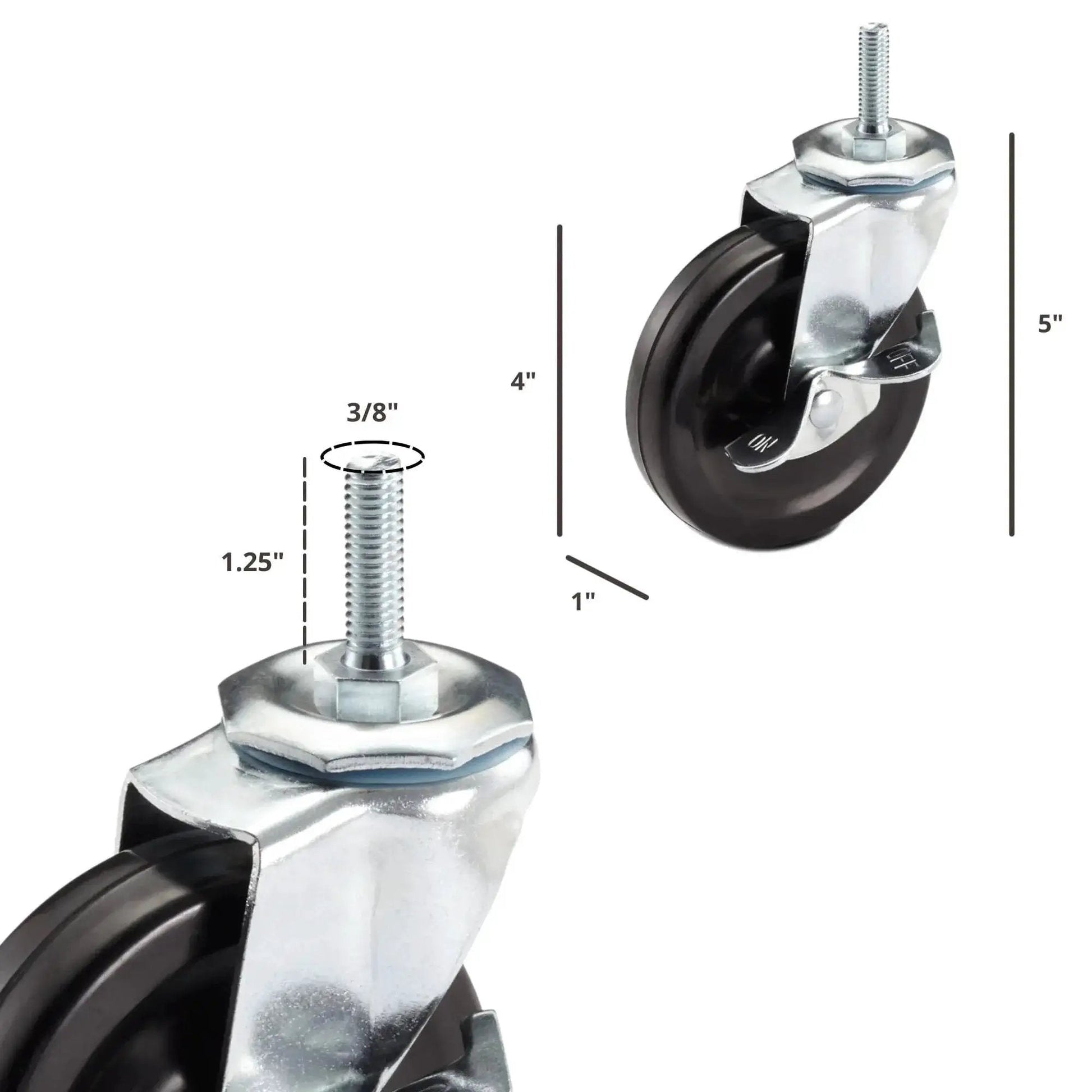 Caster Wheels Kit For Wire Shelving 4 Inch Diameter By 1 Inch Wide Casters With Two Locking Brakes And Two Non Locking Brakes detailed size view.
