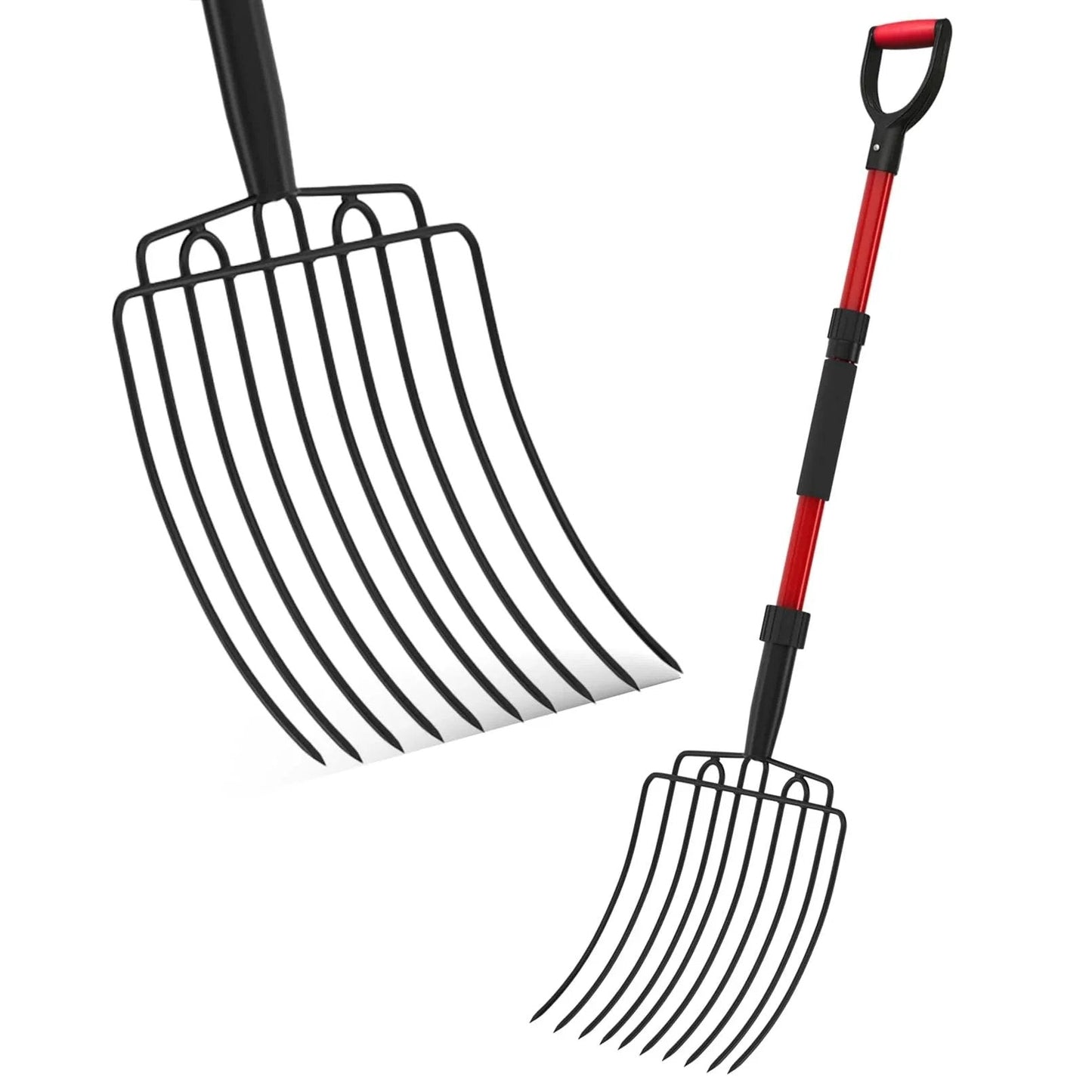 Wide 10 Tine Garden Pitch Fork With Carbon Steel Tines And Fiberglass Handle 44 Inch Red Heavy Duty Pitch Fork For Mulching Compost Manure Chicken Coops Gardens And Farm Cleanup