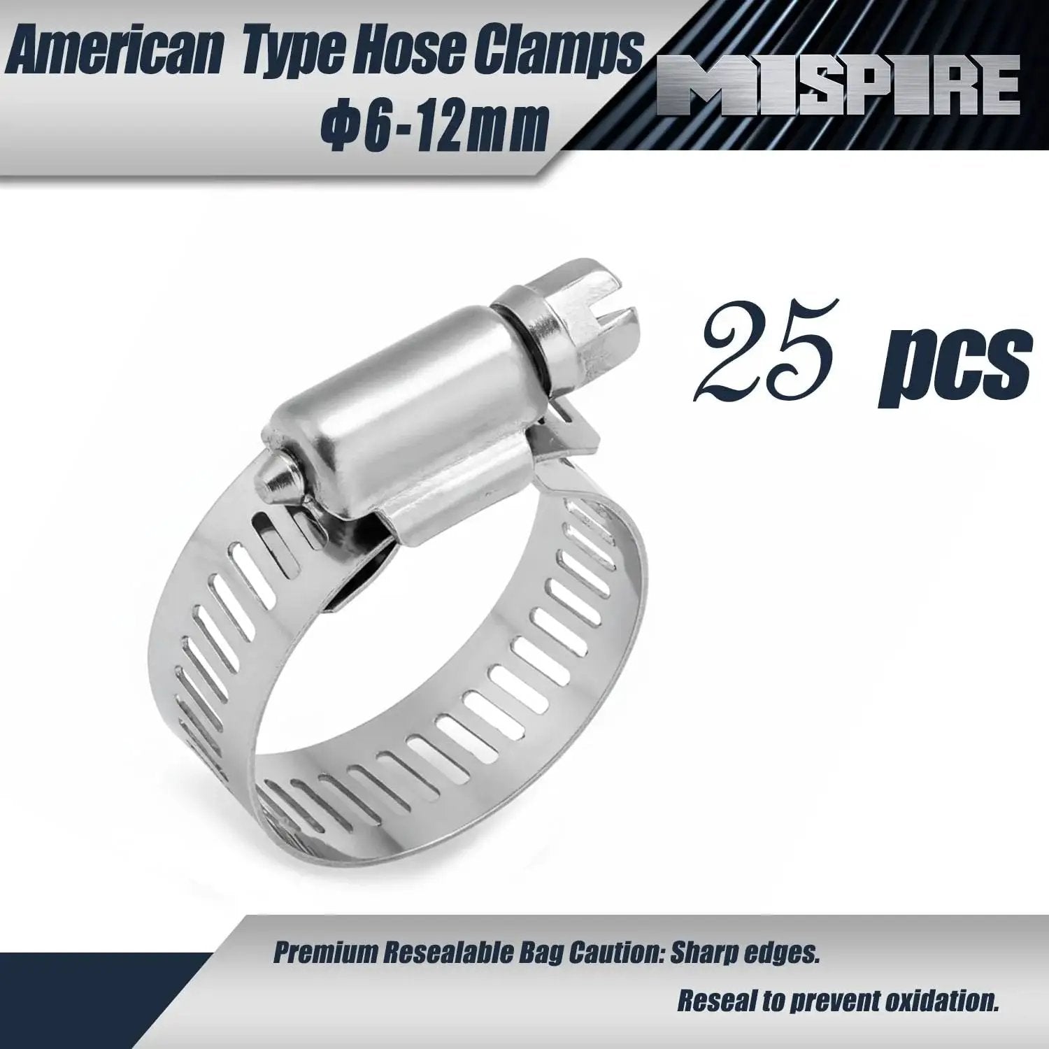 Stainless Steel Hose Clamps Set 6-12mm 25 Pieces Adjustable Perforated Worm Gear Clamps SAE J1508 For Plumbing